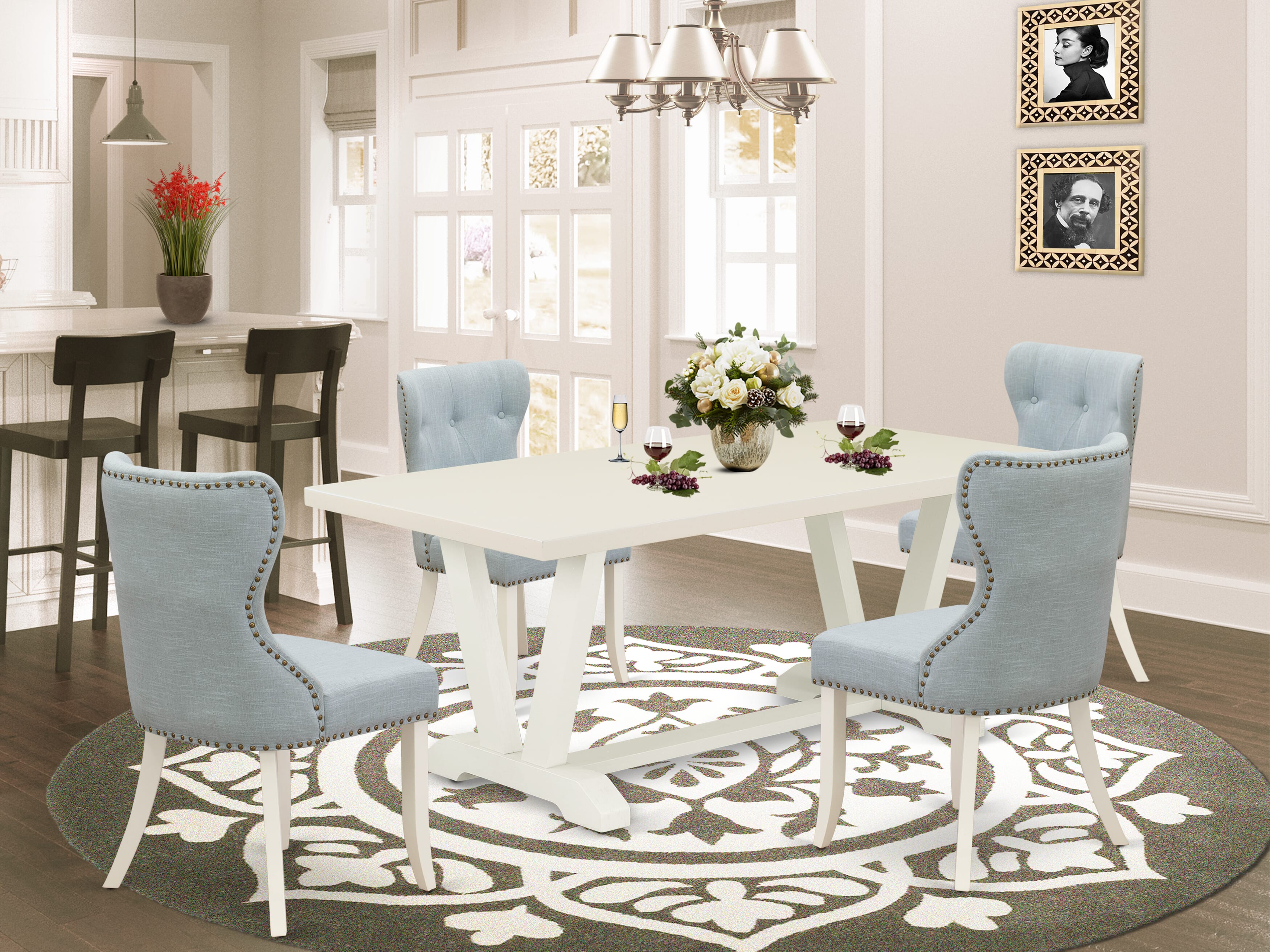 V027SI215-5 5-Pc Dining Set- 4 padded parson chairs with Baby Blue Linen Fabric Seat and Button Tufted Chair Back - Rectangular Table - linen white Finish