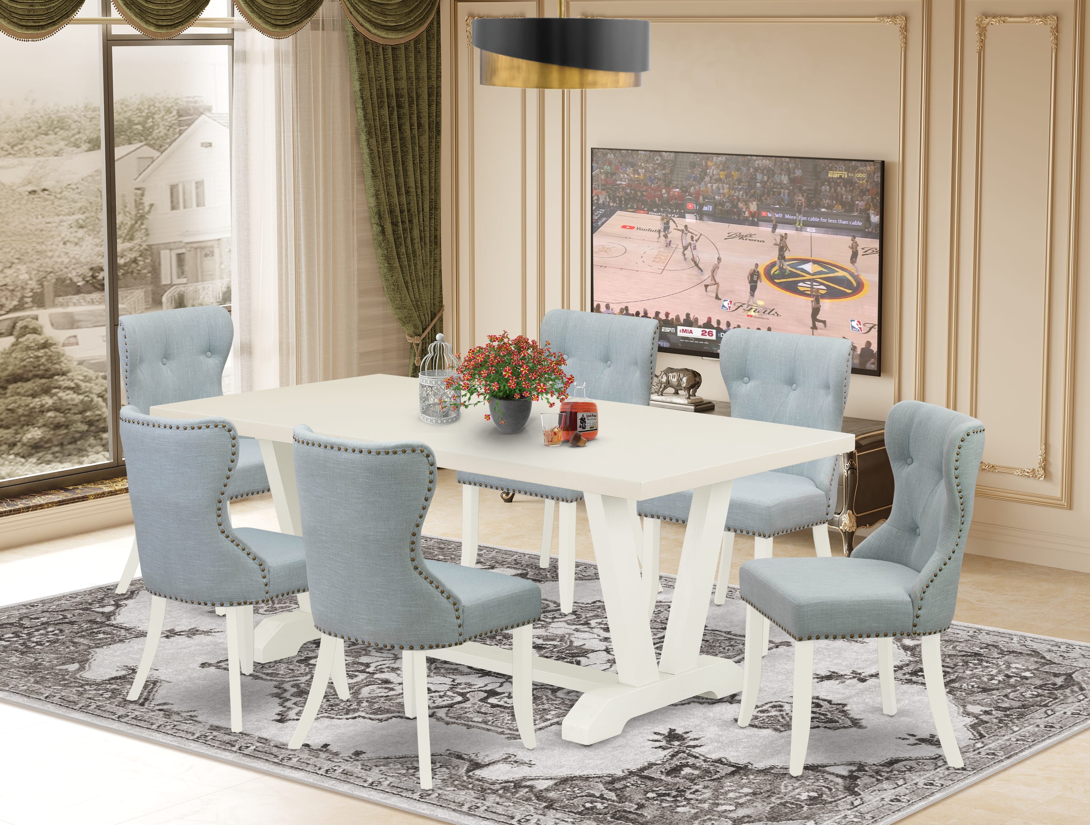 East West Furniture 7-Pc Dinette Set- 6 kitchen chairs with Baby Blue Linen Fabric Seat and Button Tufted Chair Back - Rectangular Table top & Wooden Legs (linen white Finish)