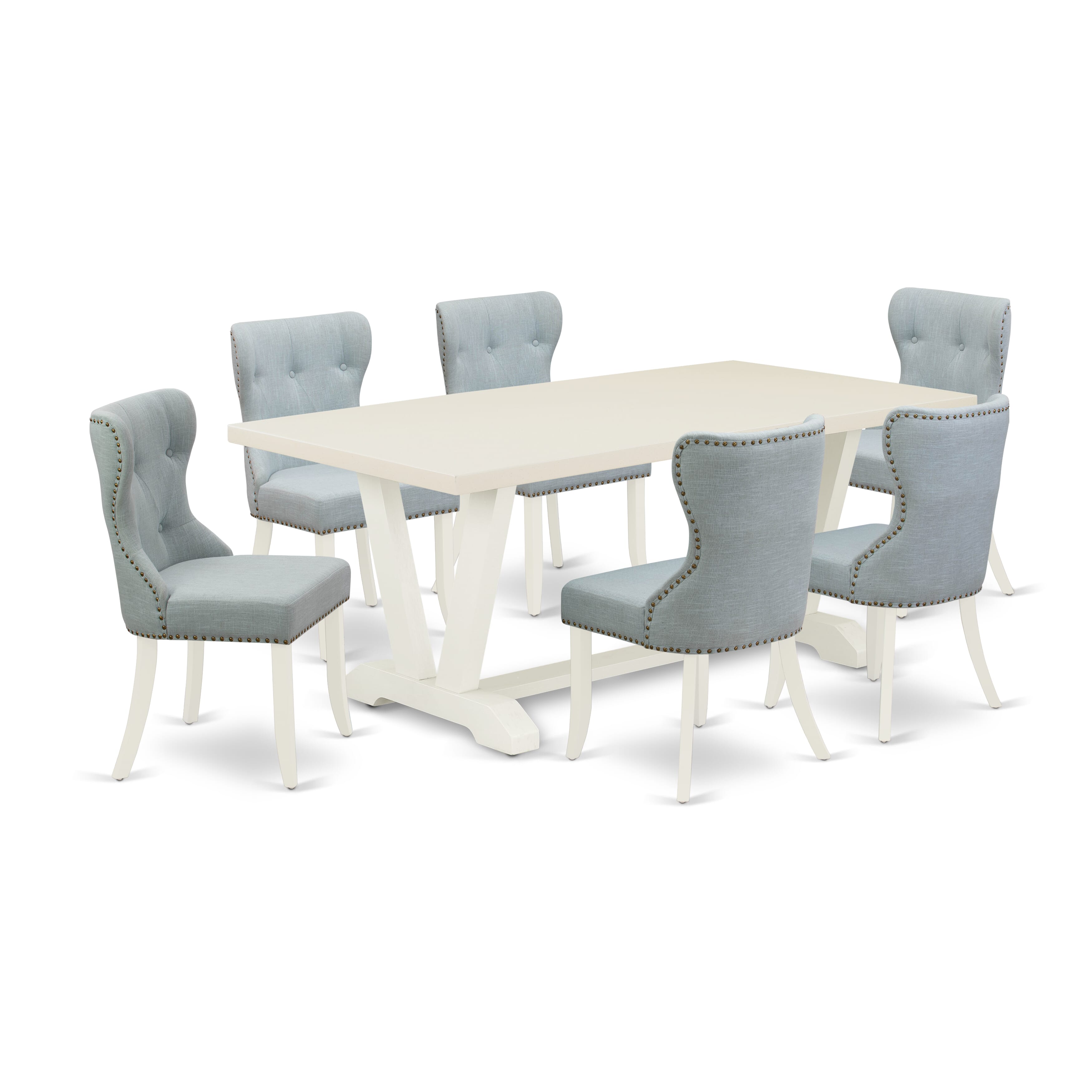 East West Furniture 7-Pc Dinette Set- 6 kitchen chairs with Baby Blue Linen Fabric Seat and Button Tufted Chair Back - Rectangular Table top & Wooden Legs (linen white Finish)