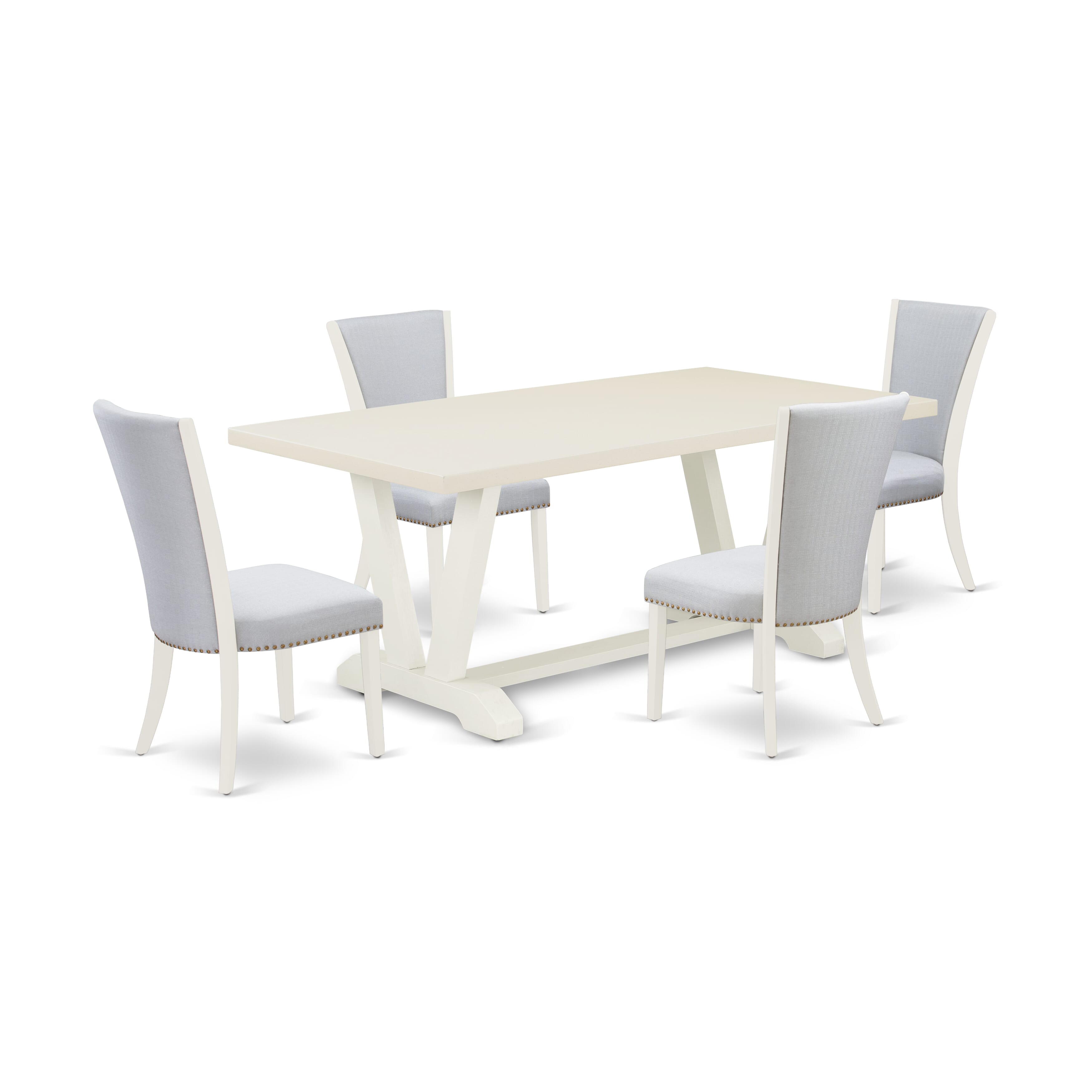 East West Furniture 5-Pc Dining Table Set Consists of 4 Modern Chairs with Upholstered Seat and Stylish Back-Rectangular Dining Table - Linen White and Wirebrushed Linen White Finish
