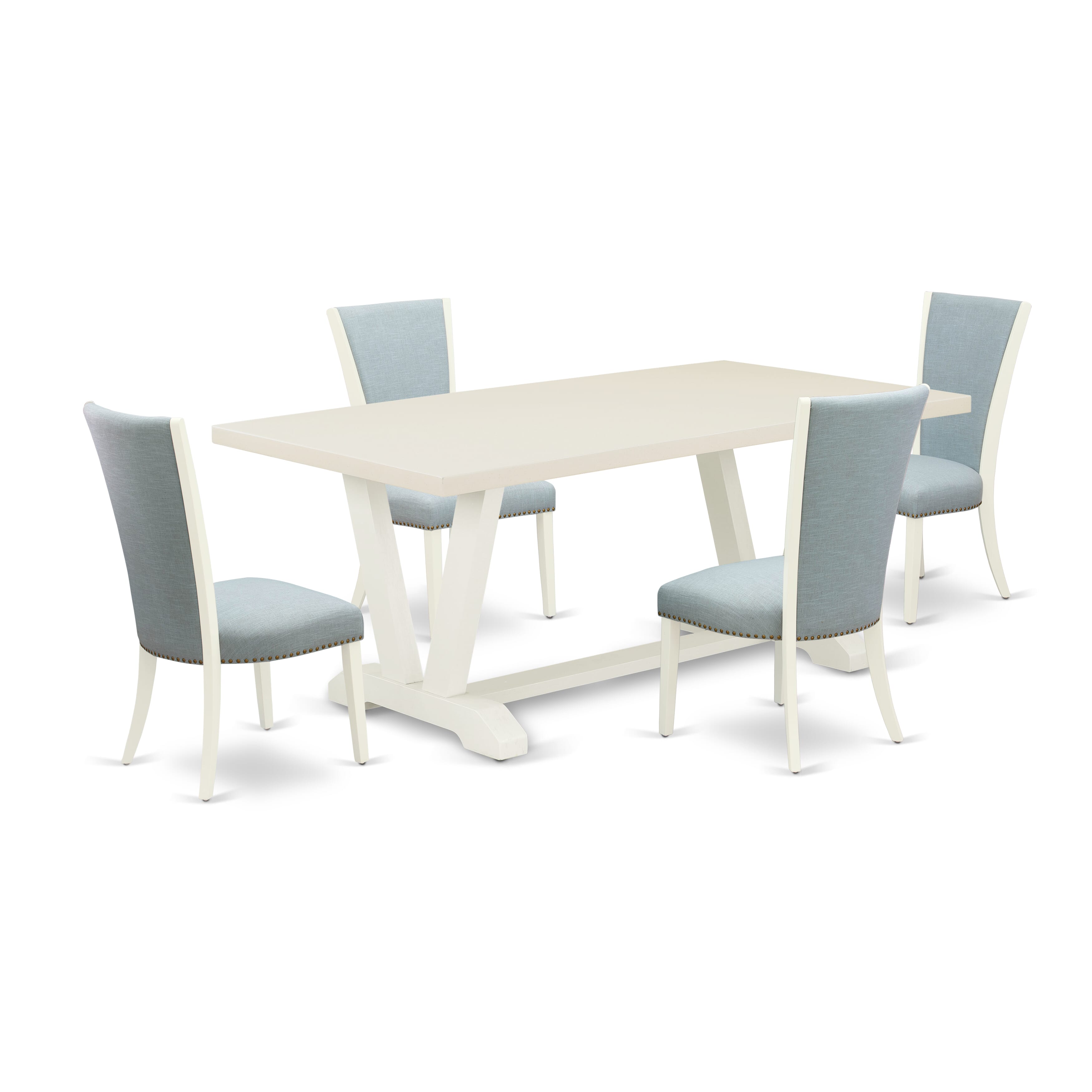 V027VE215-5 5 Piece Mid Century Dining Room Set - 4 Baby Blue Linen Fabric Parson Chairs with Nailheads and linen white Kitchen Table - linen white Finish