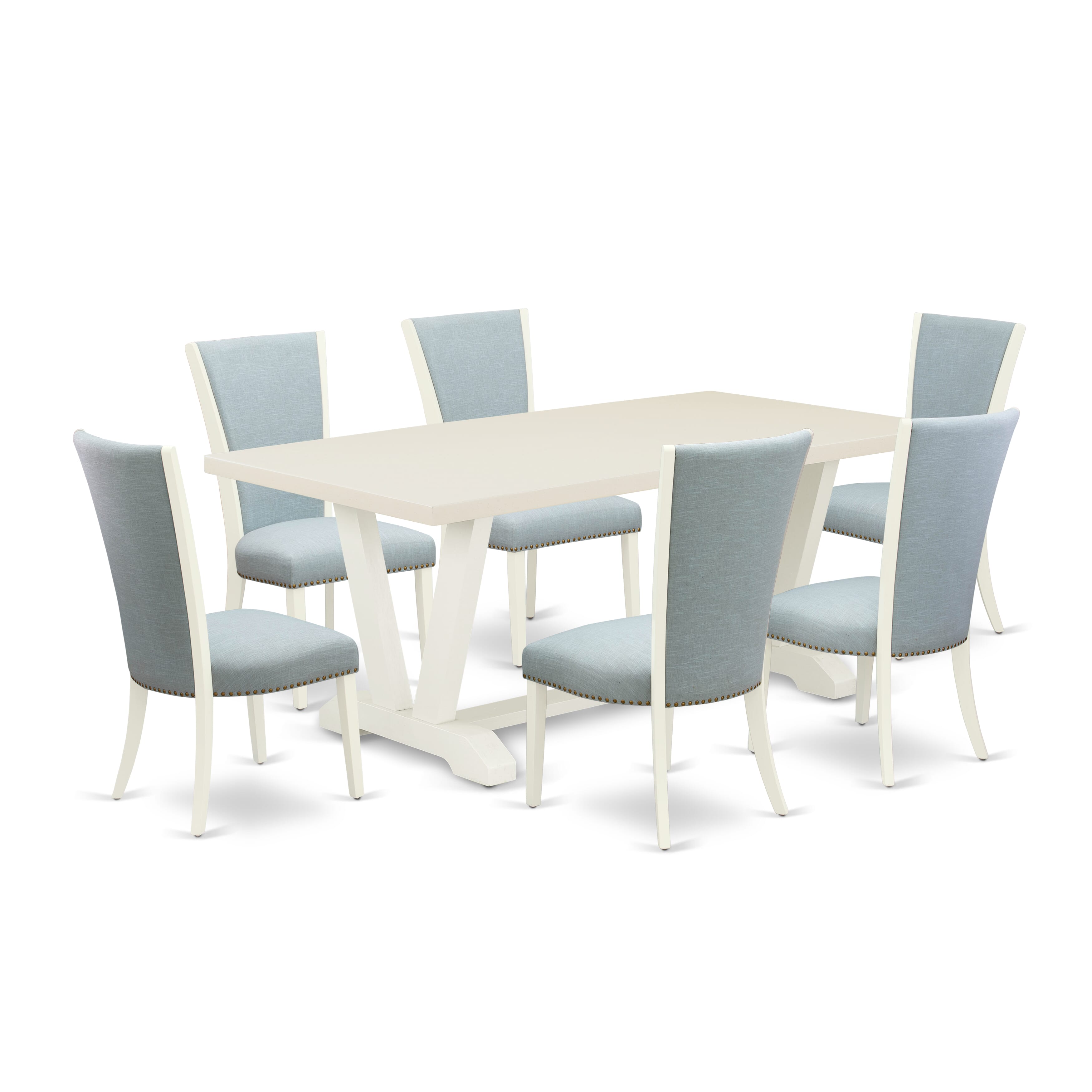 East West Furniture V027VE215-7 7-Piece Mid Century Dining Set - 6 Baby Blue Linen Fabric Parson Dining Chairs with Nail Heads and linen white Wooden Table - linen white Finish