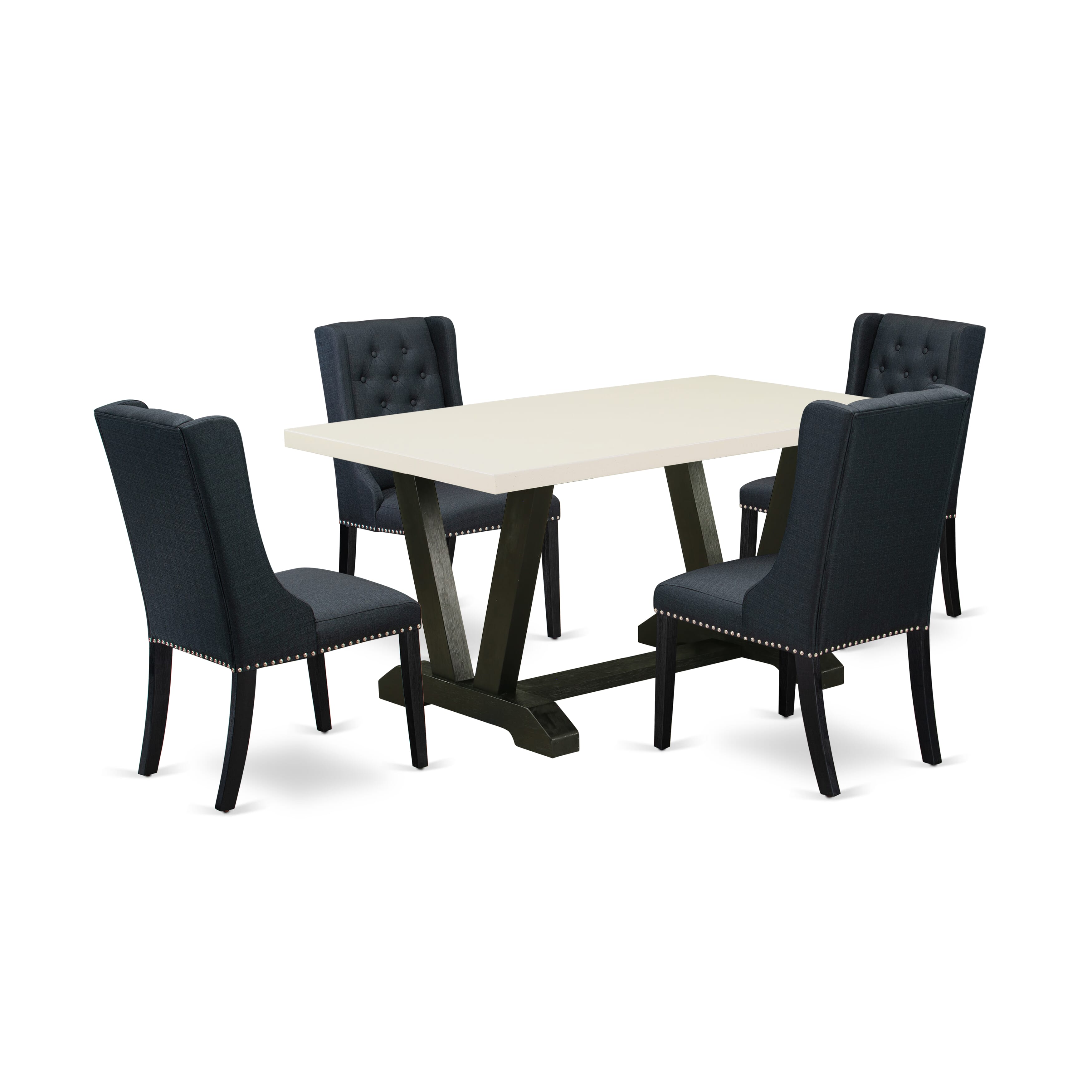 East West Furniture V626FO624-5 5 Piece Dining Table Set Includes 4 Black Linen Fabric Dining Chairs with Button Tufted and linen white Rectangular Dining Table - Wire Brush Black Finish