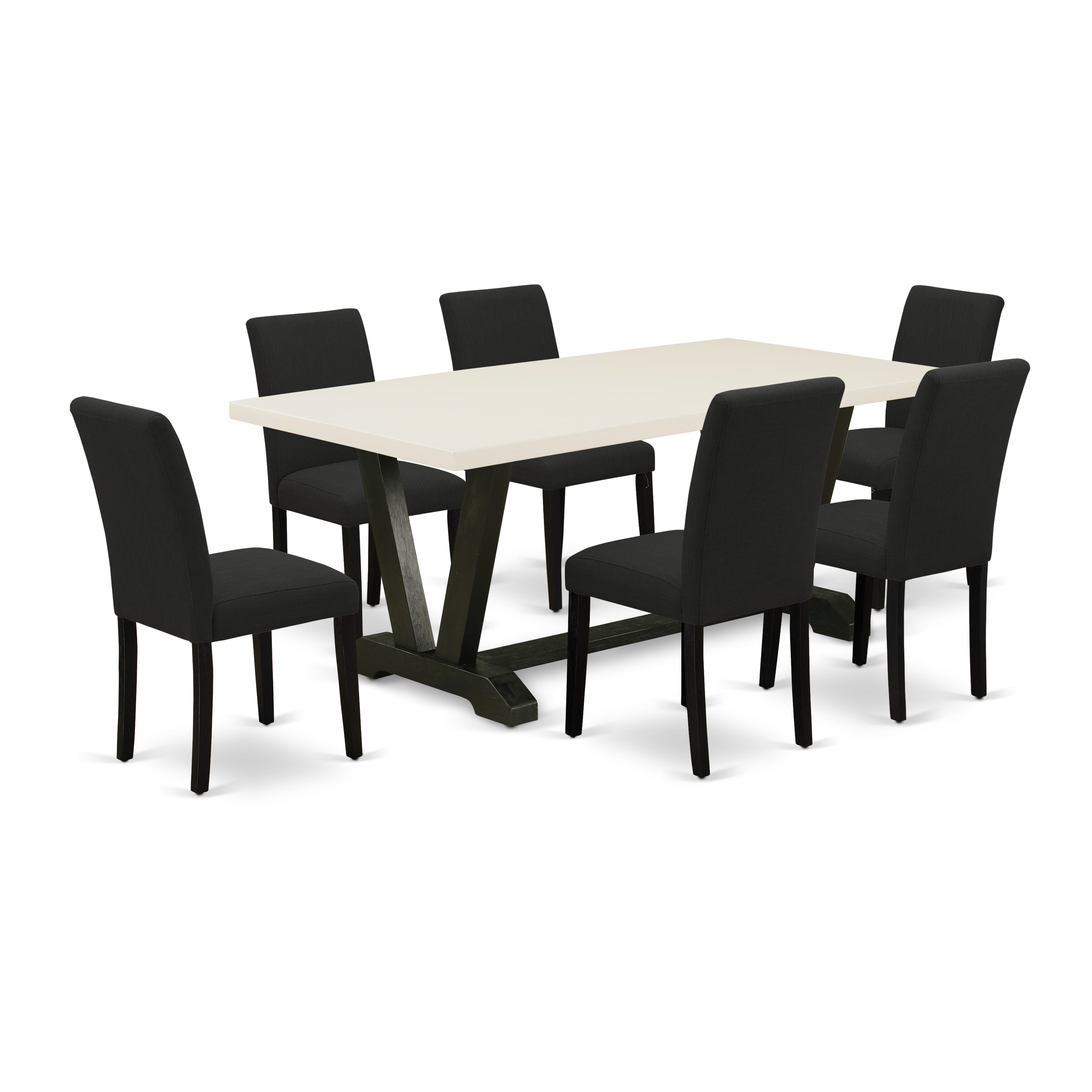 East West Furniture 7-Pc dining room table set Includes 6 Dining Room Chairs with Upholstered Seat and High Back and a Rectangular Wooden Dining Table - Black Finish