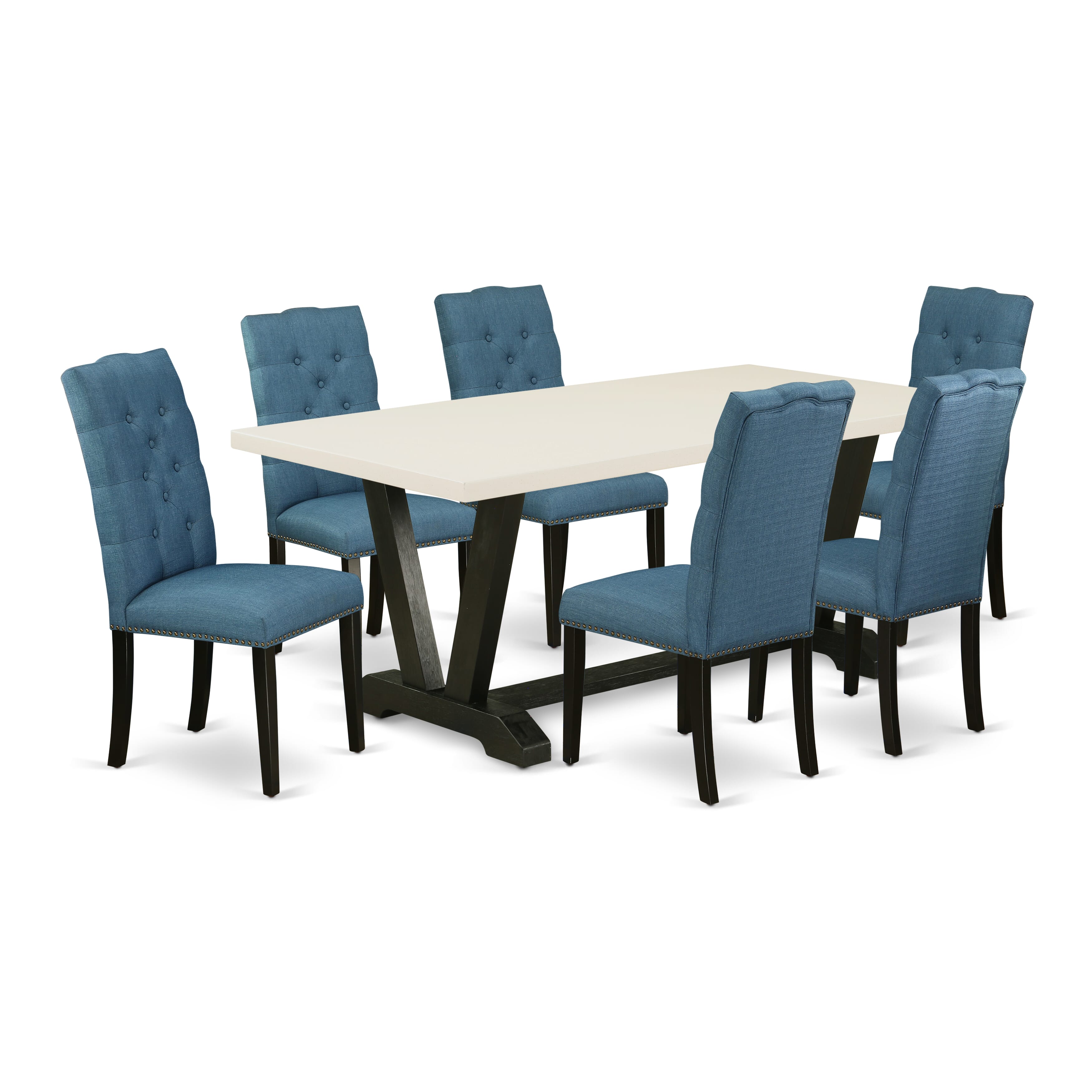 East West Furniture V627EL121-7 7-Piece Dining Table Set with Kitchen Table - 6 Linen Fabric Kitchen Chairs (Wire Brushed Black Finish)