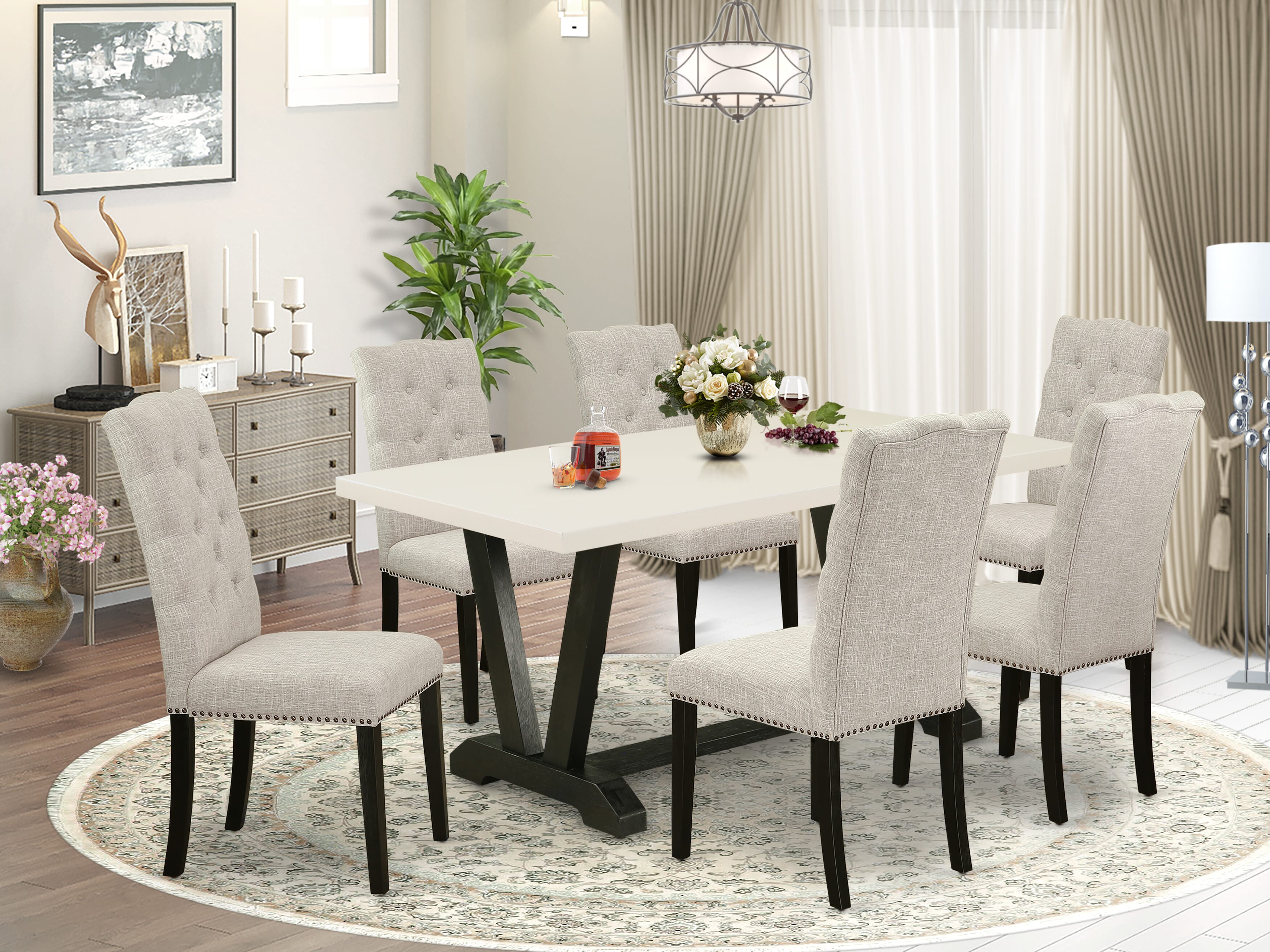 East West Furniture V627EL635-7 7-Pc an Excellent linen white Dining Table top and 6 beautiful Parson Dining chairs with Nail Heads and Button Tufted, Wire Brushed Black Finish