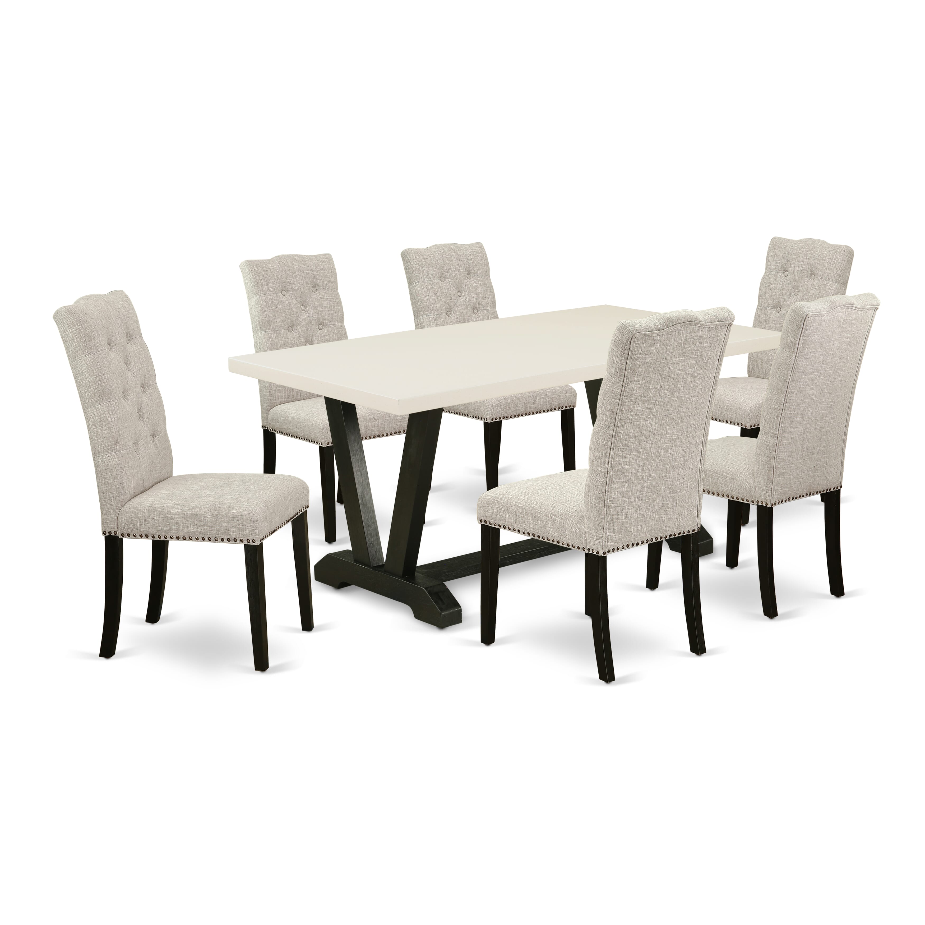 East West Furniture V627EL635-7 7-Pc an Excellent linen white Dining Table top and 6 beautiful Parson Dining chairs with Nail Heads and Button Tufted, Wire Brushed Black Finish