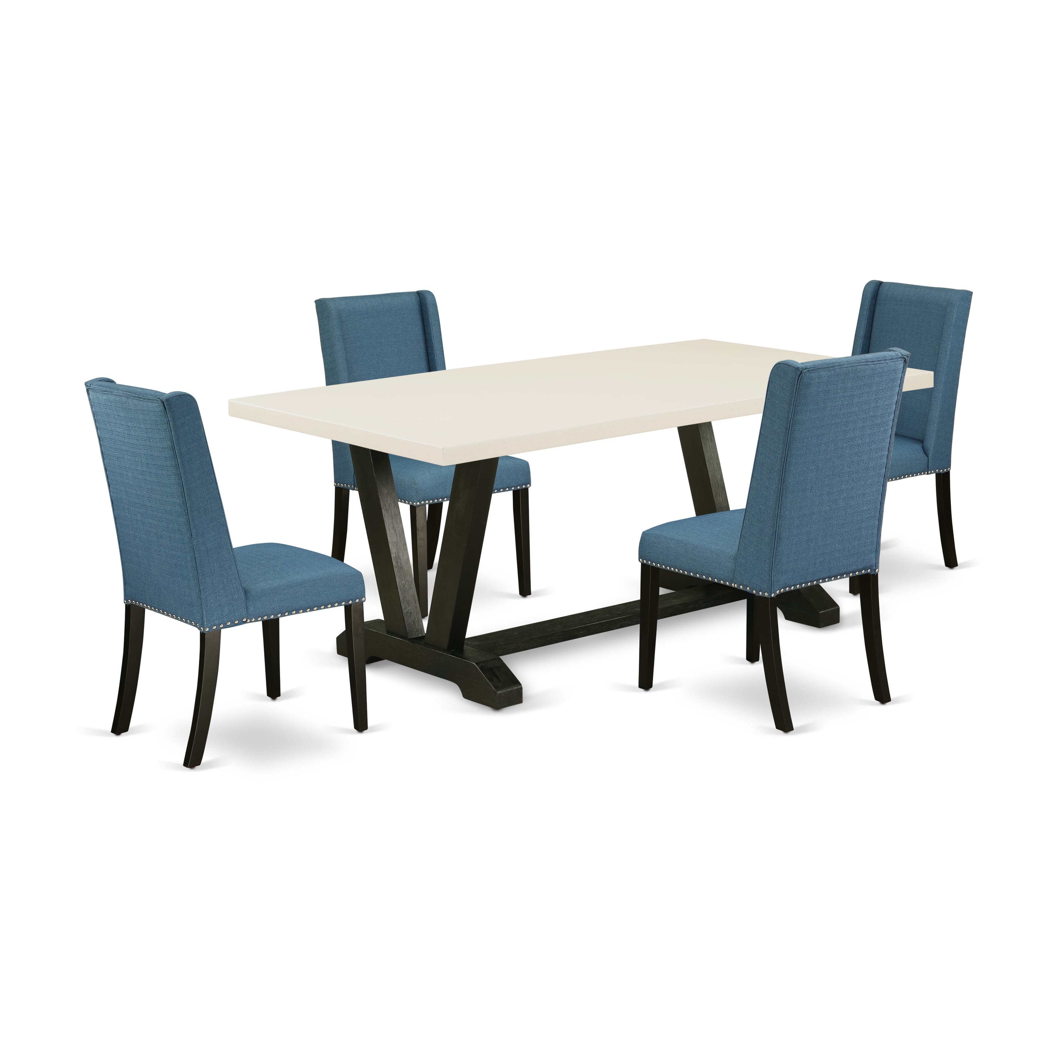 Juego de mesa de comedor East West Furniture V627FL121-5 de 5 piezas para 4 personas. Incluye una mesa de cocina rectangular con patas en V y 4 sillas tapizadas en tela de lino azul.