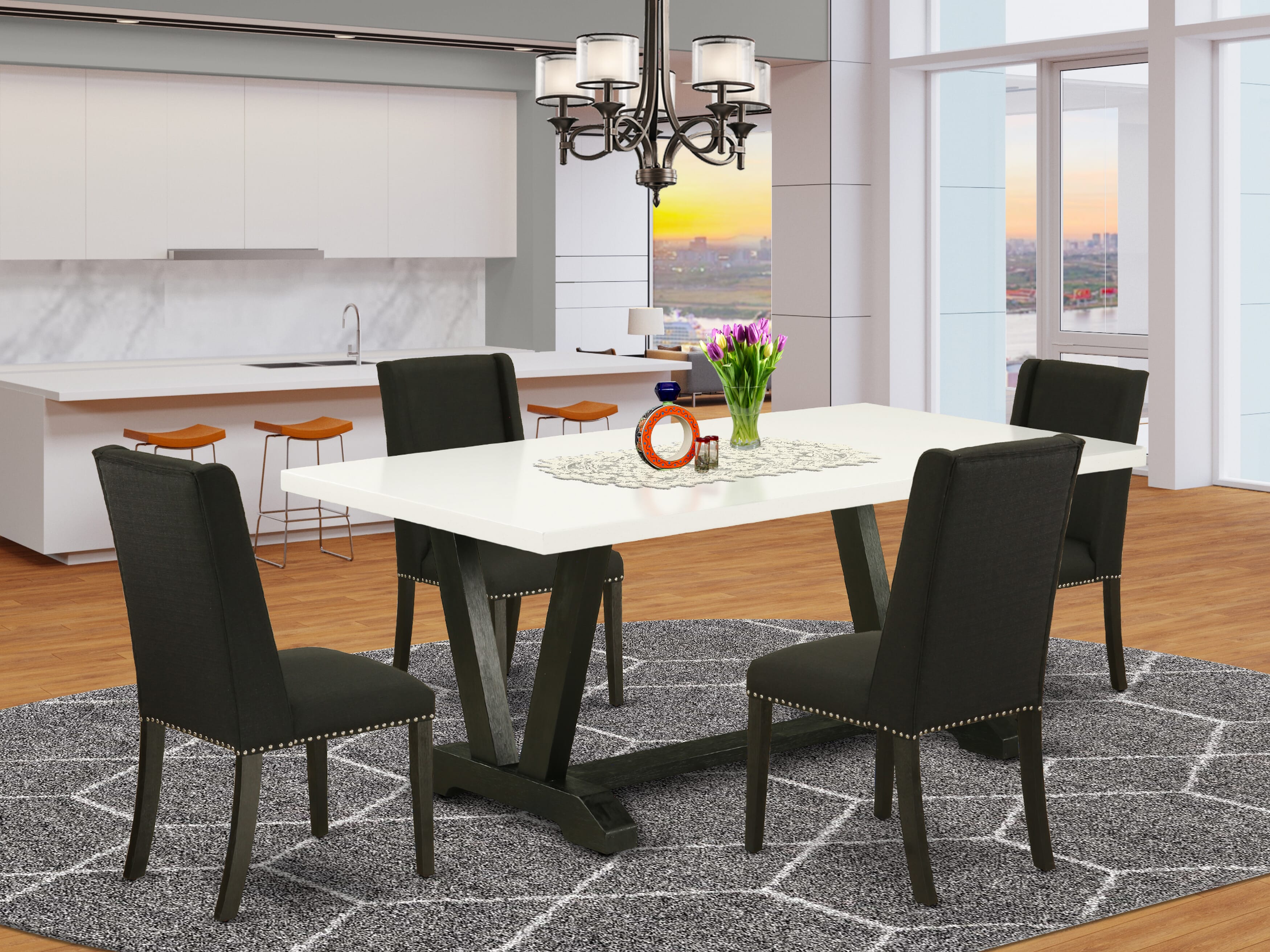 V627FL624-5 5-Pc Dining room SetIncluded 4 dining room chairs Upholstered Seat and Stylish Chair Back and Rectangular Dining Table with linen white rectangular Dining Table top (Black Finish)