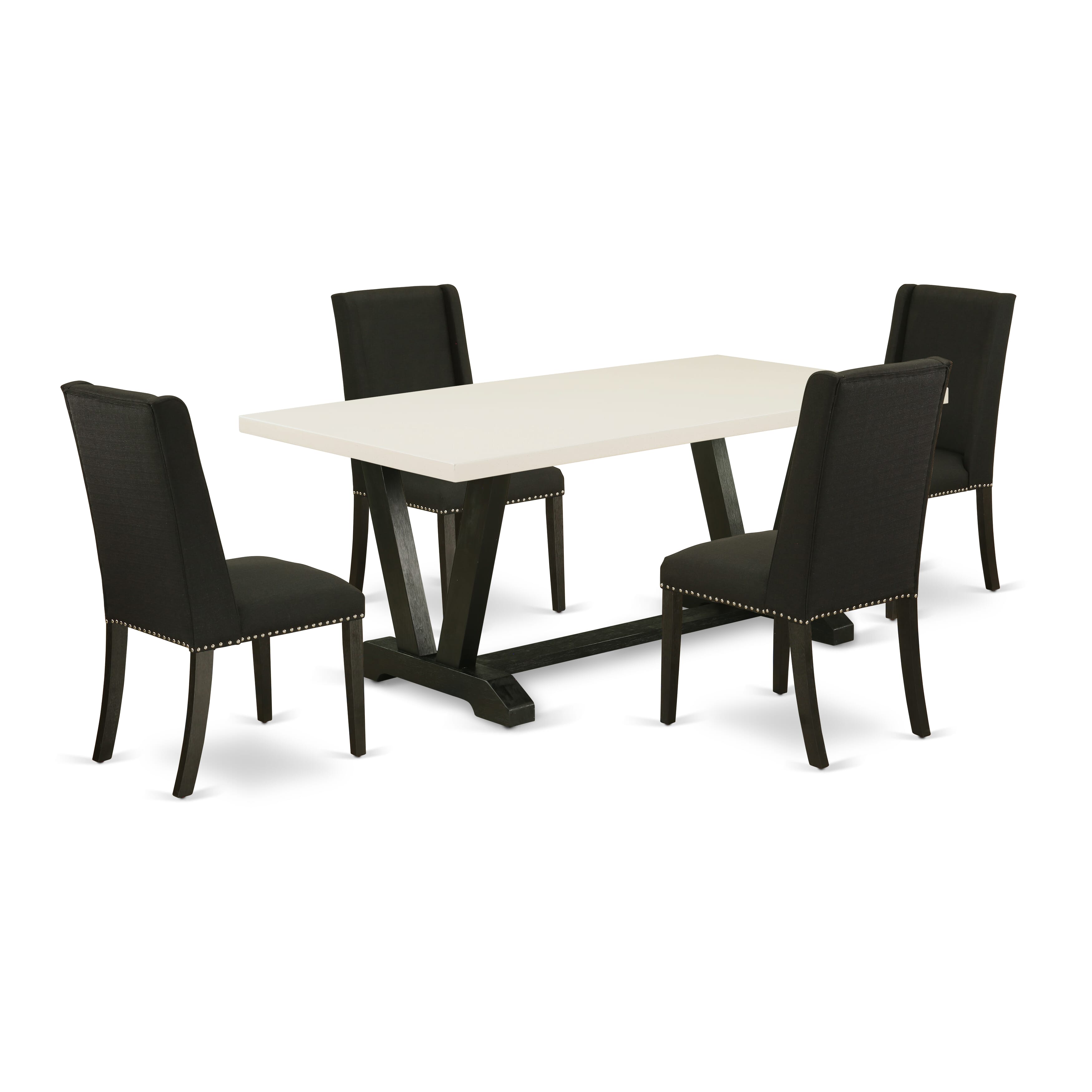 V627FL624-5 5-Pc Dining room SetIncluded 4 dining room chairs Upholstered Seat and Stylish Chair Back and Rectangular Dining Table with linen white rectangular Dining Table top (Black Finish)