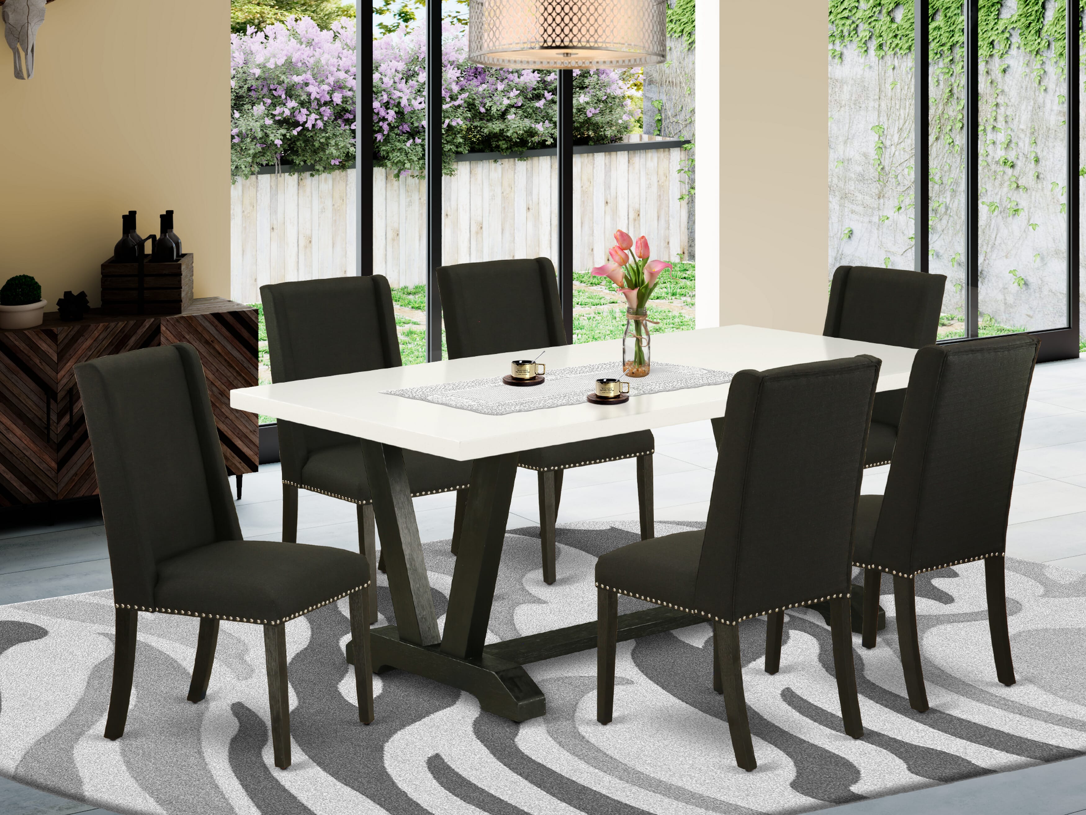East West Furniture V627FL624-7 7-Pc dining set a wonderful linen white dining table top and 6 Beautiful Parson dining chair with Nail heads and High Stylish Chair Back, Wire Brushed Black Finish