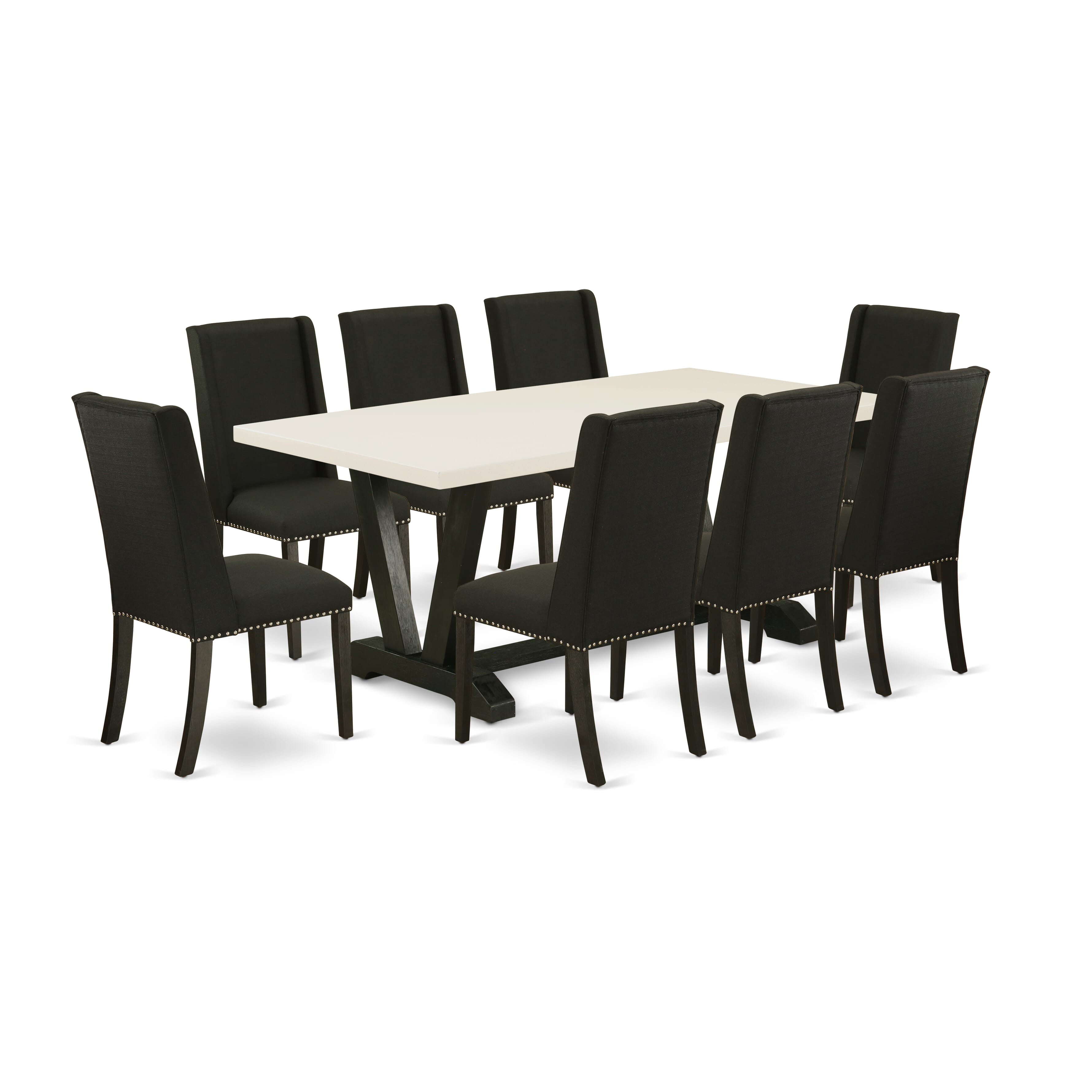 V627FL624-9 9-Piece Rectangular Dinette Set a Wonderful linen white Dinette Table top and 8 beautiful Parson�s dining room chairs with Nail Heads and Curved Back, Wire Brushed Black Finish
