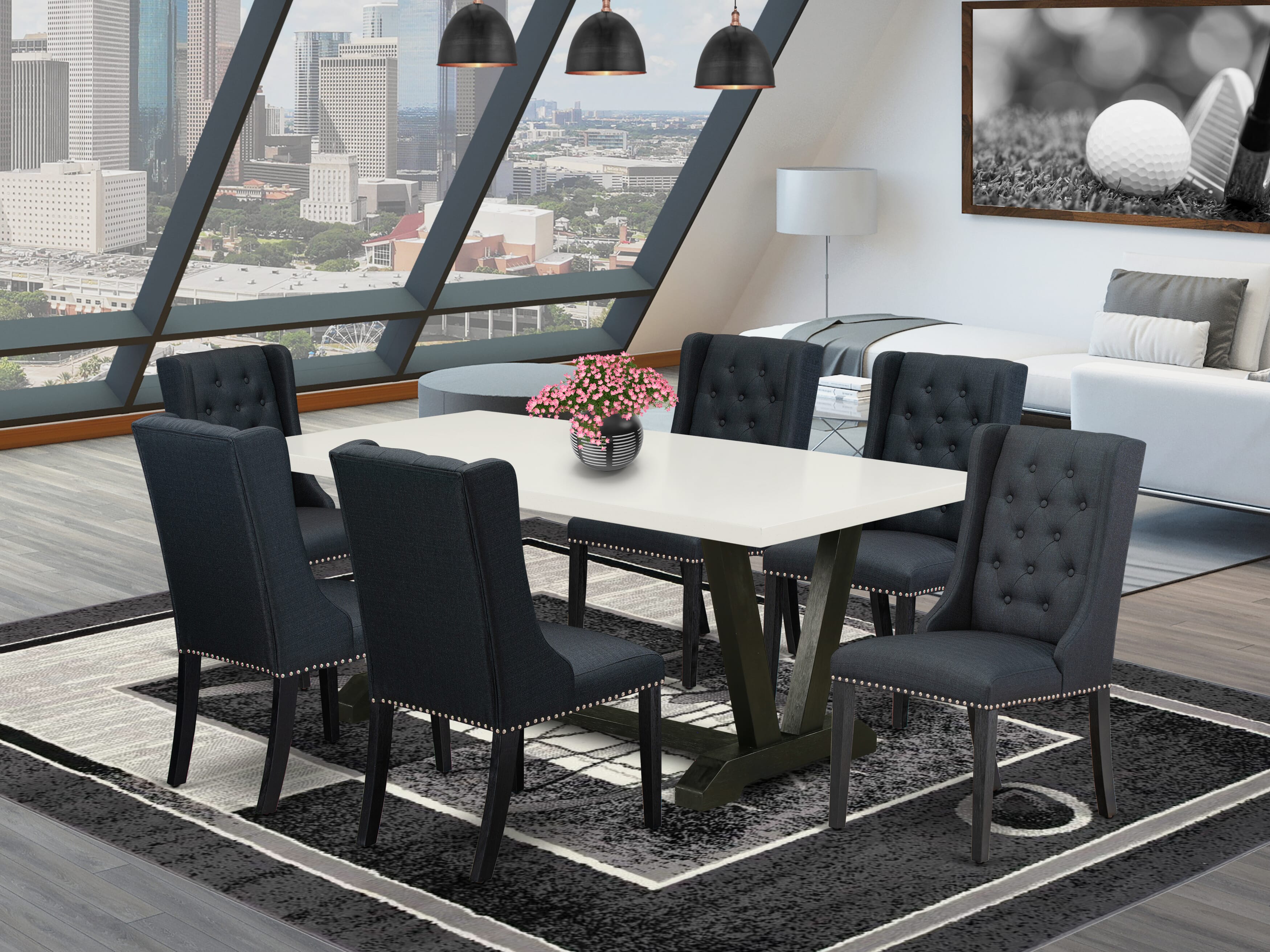 V627FO624-7 7 Piece Kitchen Table Set - 6 Black Linen Fabric Dining Room Chairs Button Tufted with Nail heads and linen white Dining Table - Wire Brush Black Finish