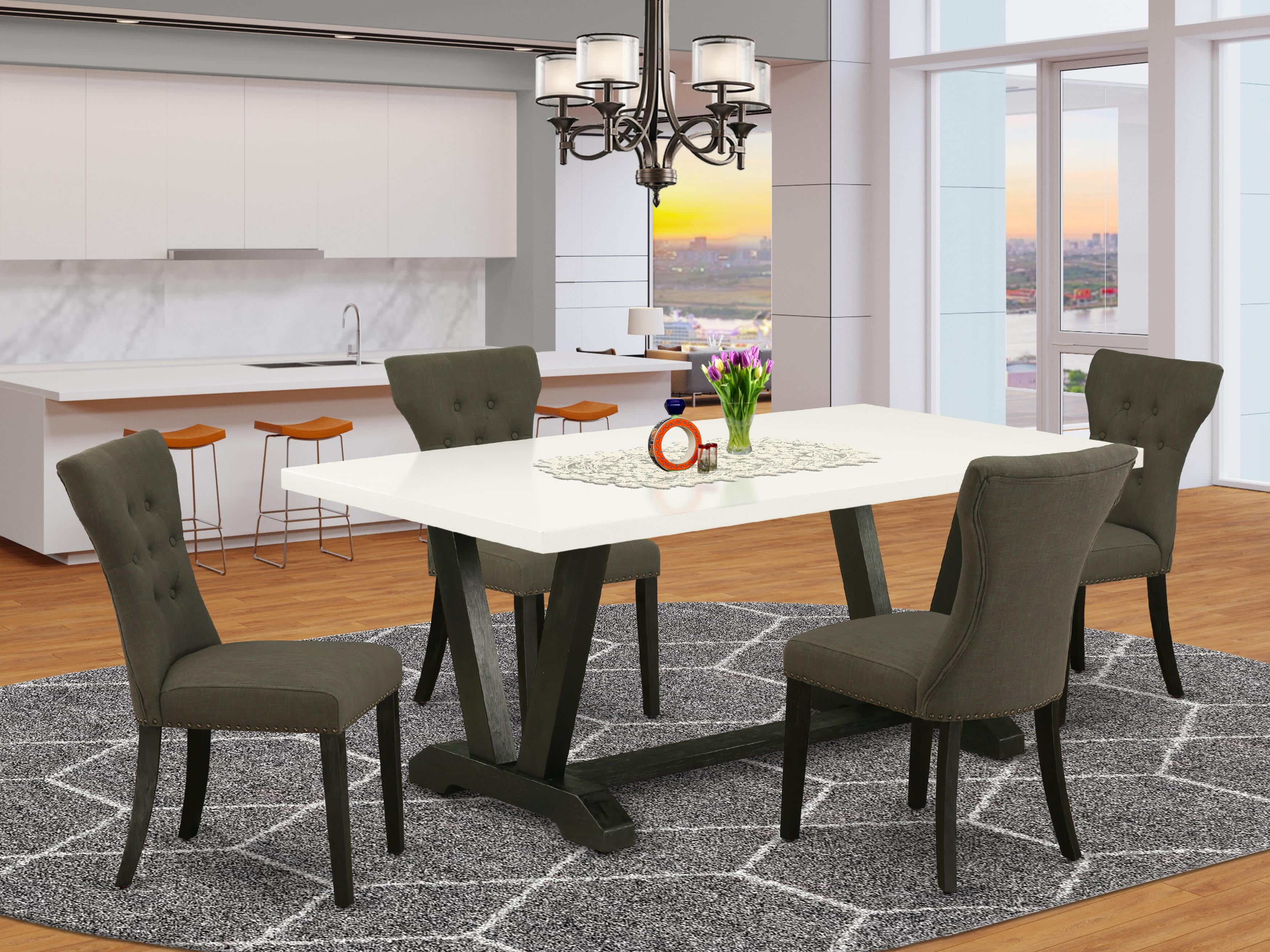 V627GA650-5 5-Piece rectangular Dinette SetIncluded 4 Dining chairs Upholstered Seat and High Button Tufted Chair Back and Rectangular Kitchen Dining Table with linen white dining table top (Black Finish)