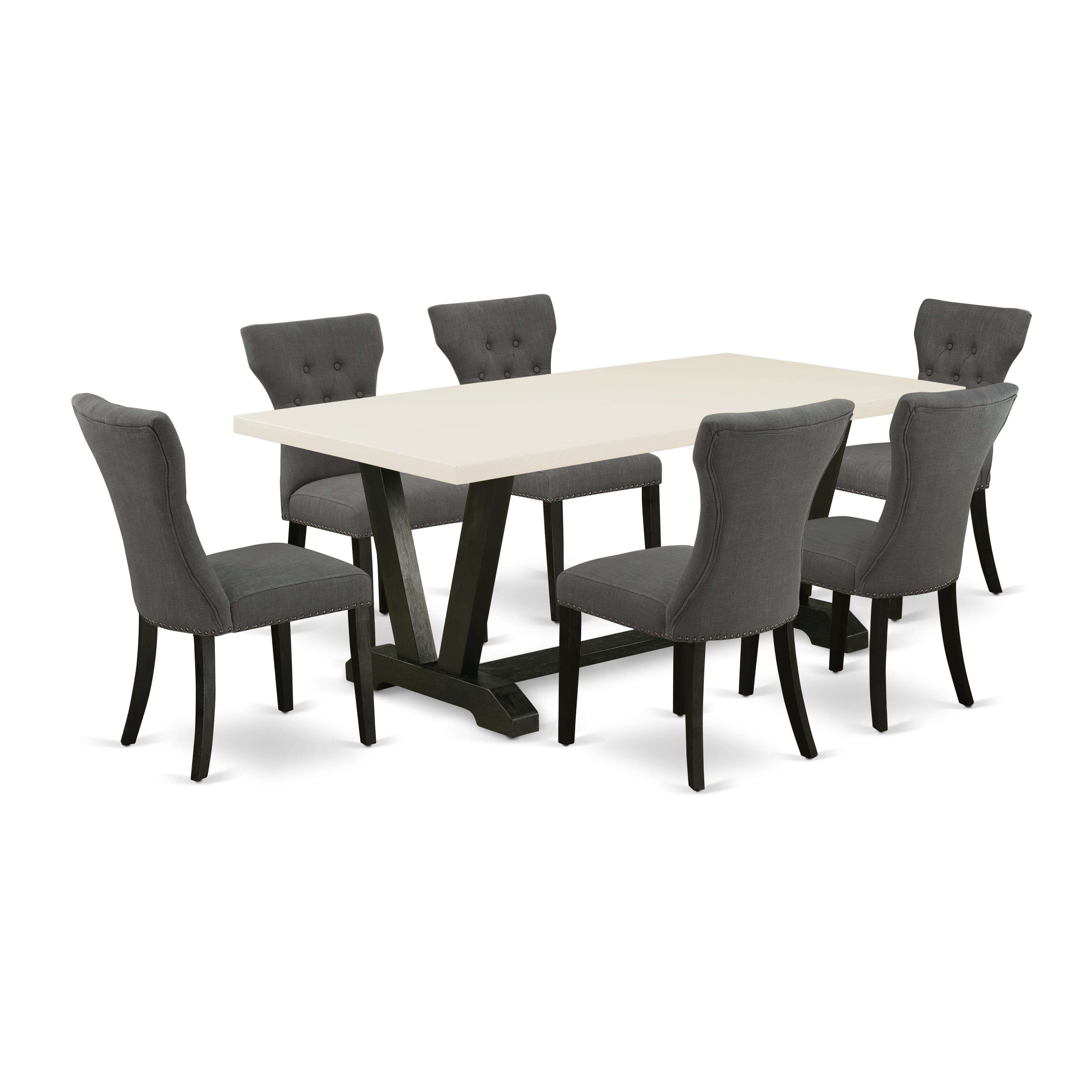 East West Furniture V627GA650-7 7-Pc Rectangular dining table set a beautiful linen white dining table top and 6 Wonderful kitchen chairs with Nail heads and Button Tufted, Wire Brushed Black Finish