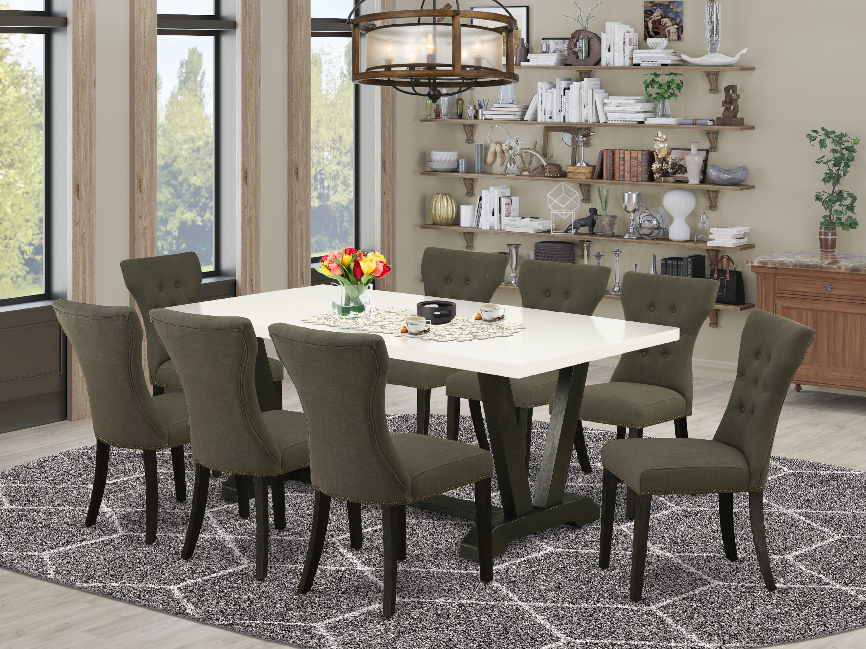 East West Furniture V627GA650-9 9-Pc kitchen table set a Great linen white Small Kitchen Table top and 8 Fantastic Parson Dining Chair with Nail Heads and Stylish Chair Back, Wire Brushed Black Finish