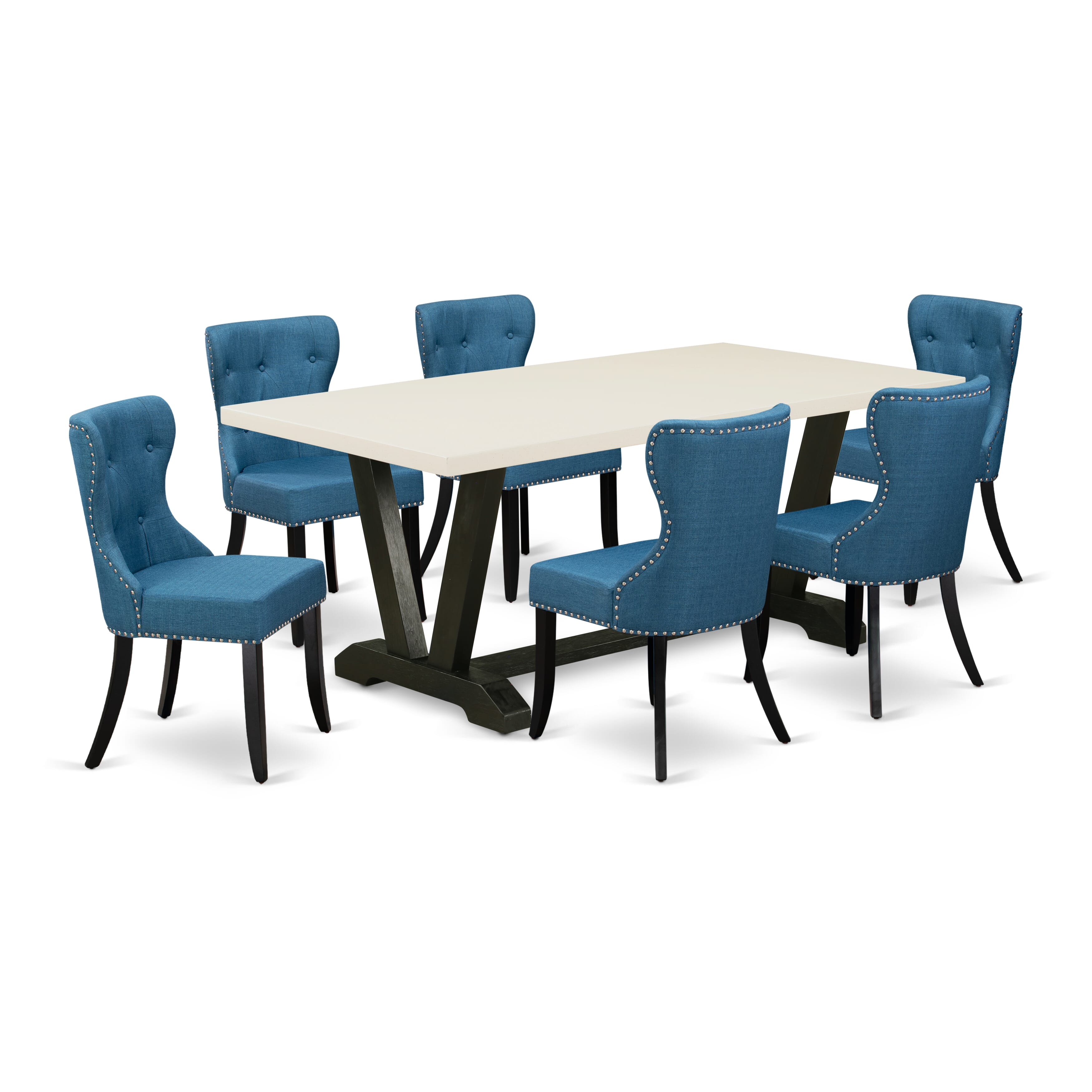 East West Furniture 7-Piece Dinette Set- 6 padded parson chairs with Blue Linen Fabric Seat and Button Tufted Chair Back - Rectangular Table top & Wooden Legs - linen white and Black Finish