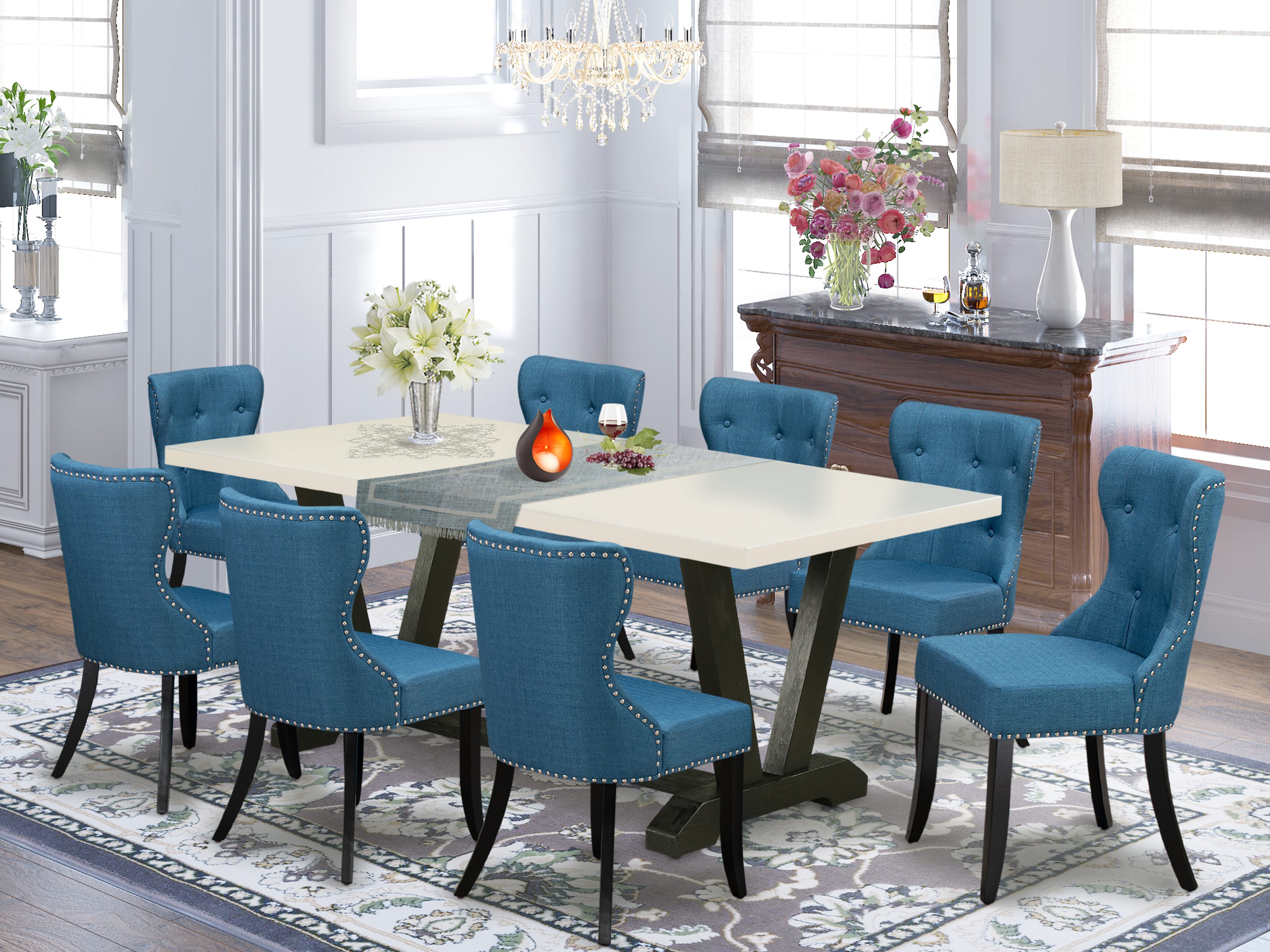 El juego de mesa de comedor de 9 piezas East West Furniture V627SI121-9 incluye una mesa de comedor rectangular con patas en V y 8 sillas Parsons de tela de lino azul.