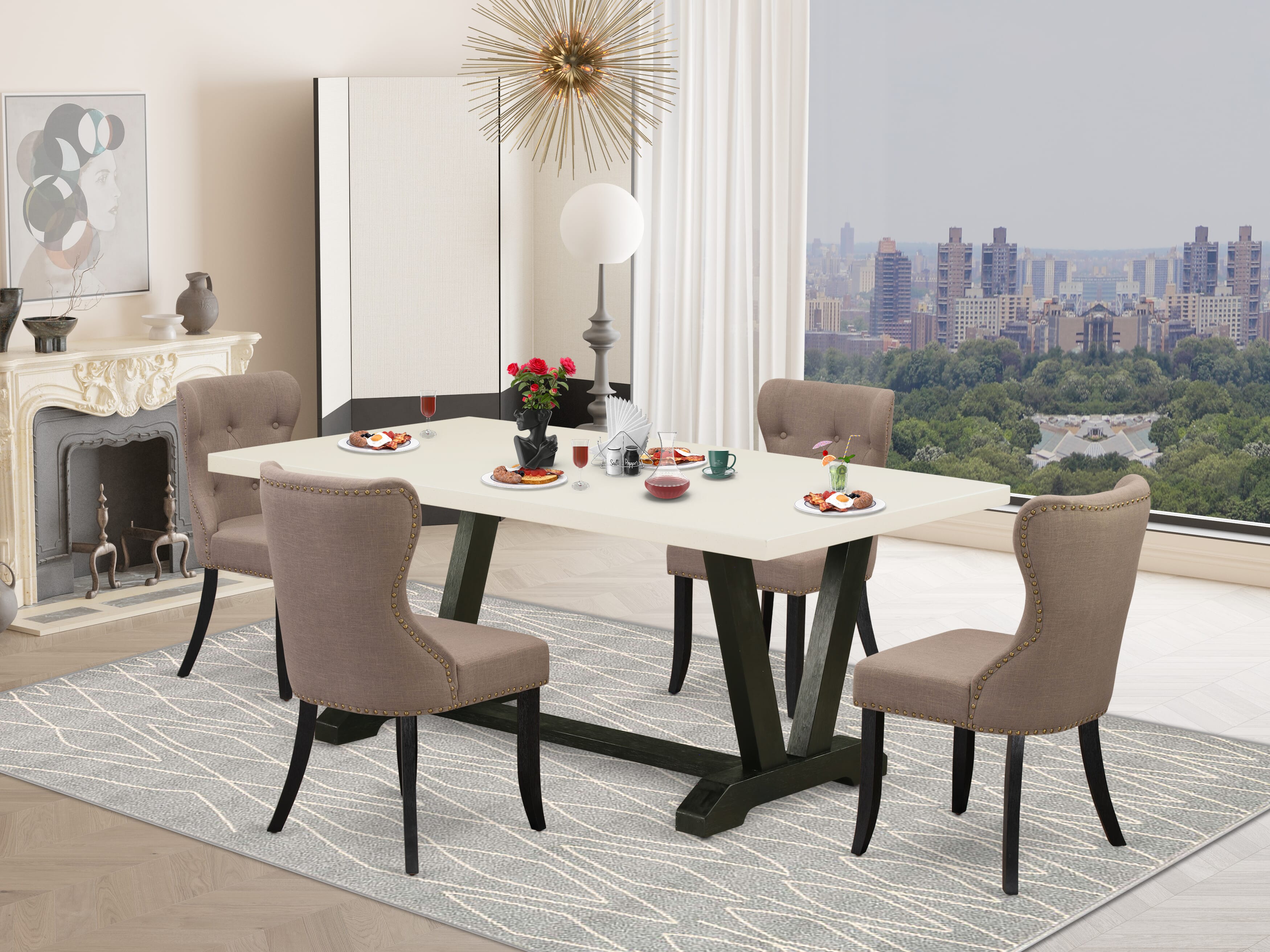 Juego de comedor de 5 piezas East West Furniture V627SI648-5. Incluye una mesa de comedor rectangular con patas en V y 4 sillas tapizadas en tela de lino color café.