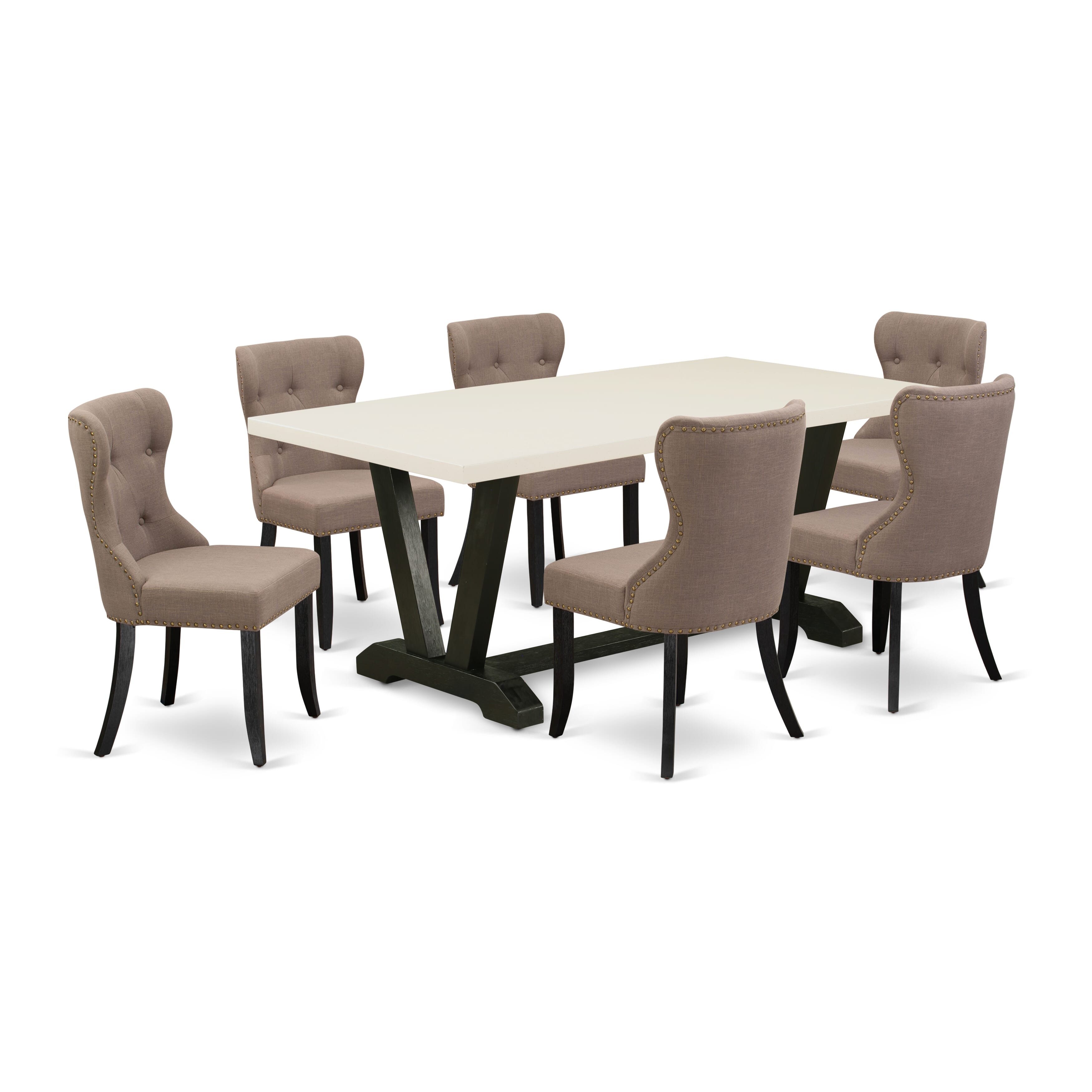 Juego de mesa y sillas de cocina de 7 piezas East West Furniture V627SI648-7. Incluye una mesa de comedor rectangular con patas en V y 6 sillas Parsons de tela de lino color café.