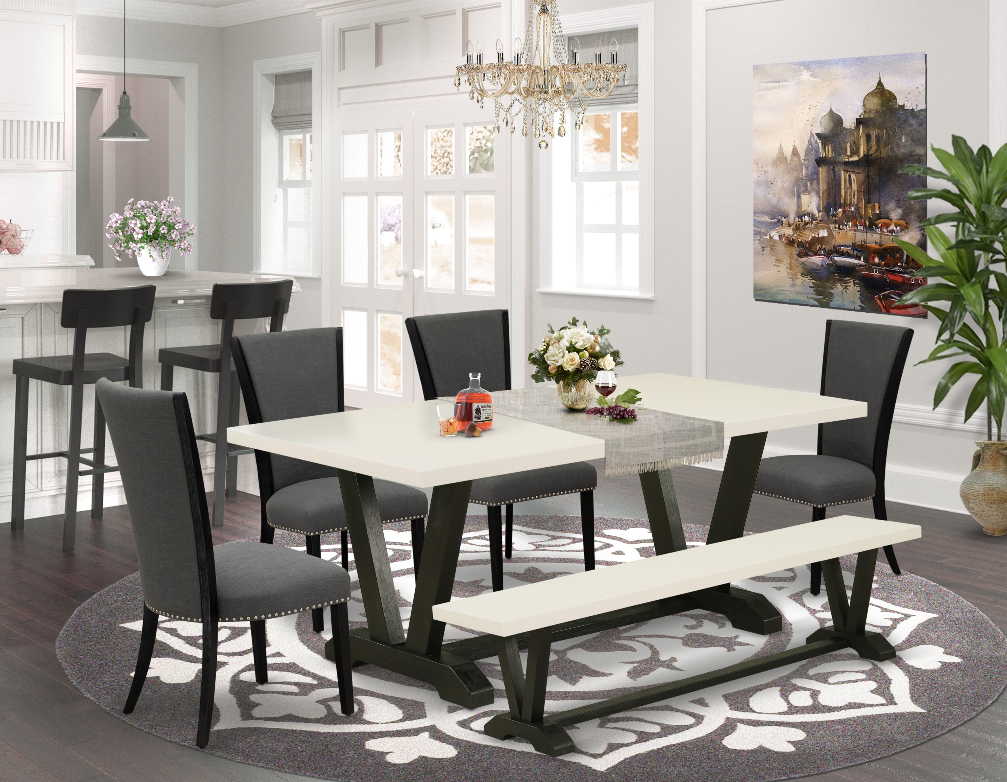 V627VE650-6 6 Piece Dining Set - 4 Dark Gotham Grey Linen Fabric Dining Room Chairs with Nailheads and linen white Wooden Table - 1 Dining Bench - Black Finish