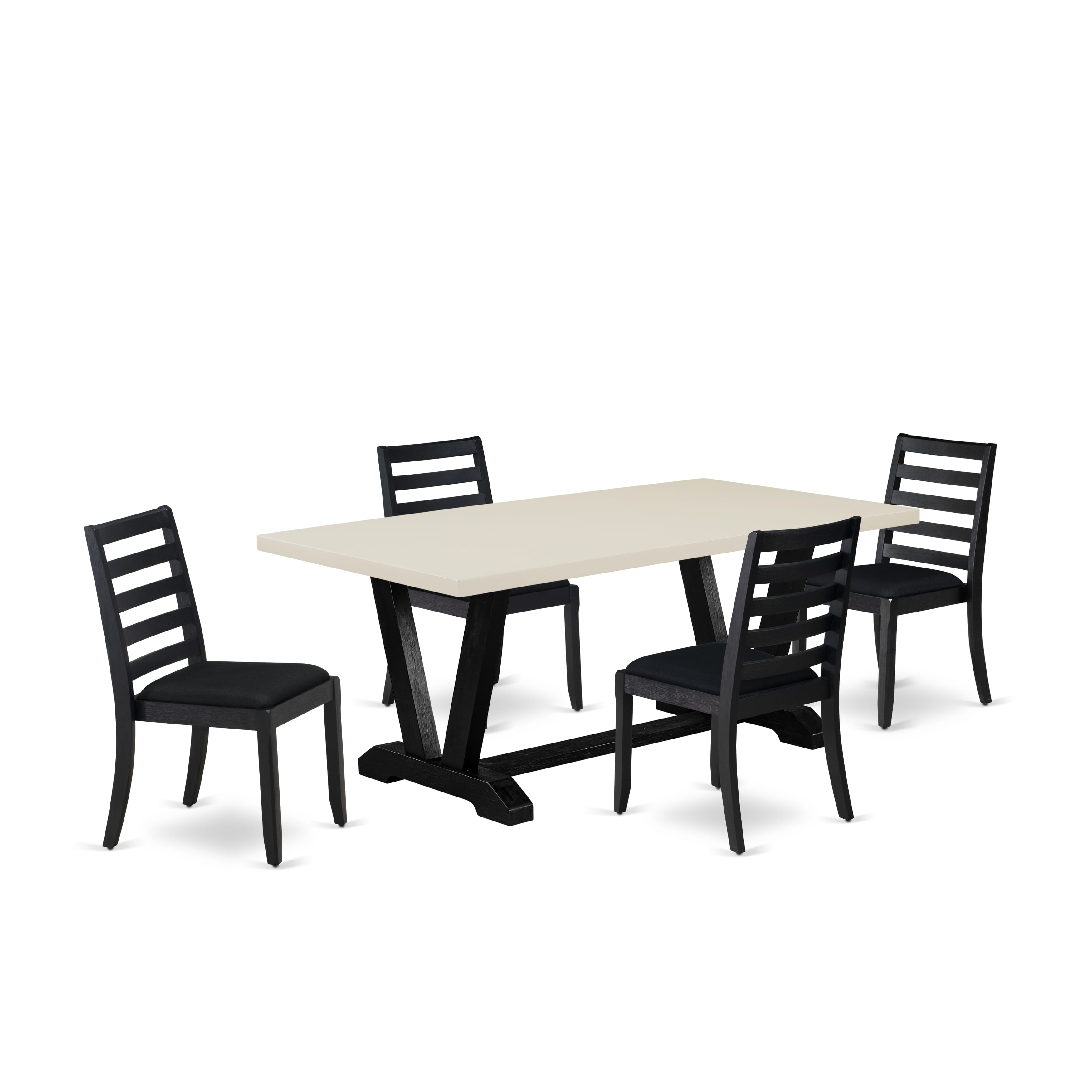 V627X1624-5 5-piece Dining Set included a Rectangular Table and 4 Black Linen Fabric stackable Chair, Wire Brushed Black Finish.