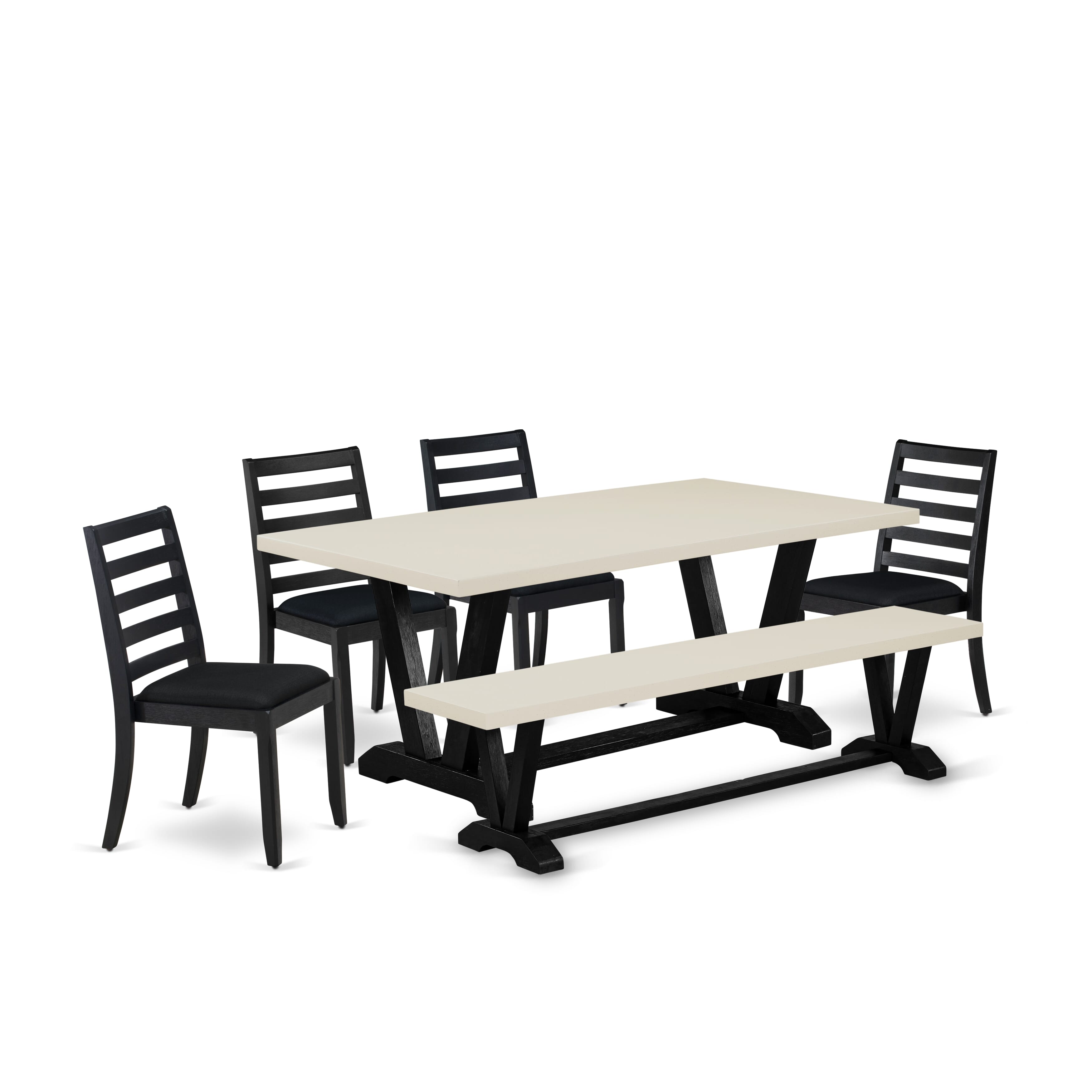 V627X1624-6 - 6-pc Dining set - a Linen White table and bench, 4 stackable chairs with Black Fabric - Wire-brushed Black