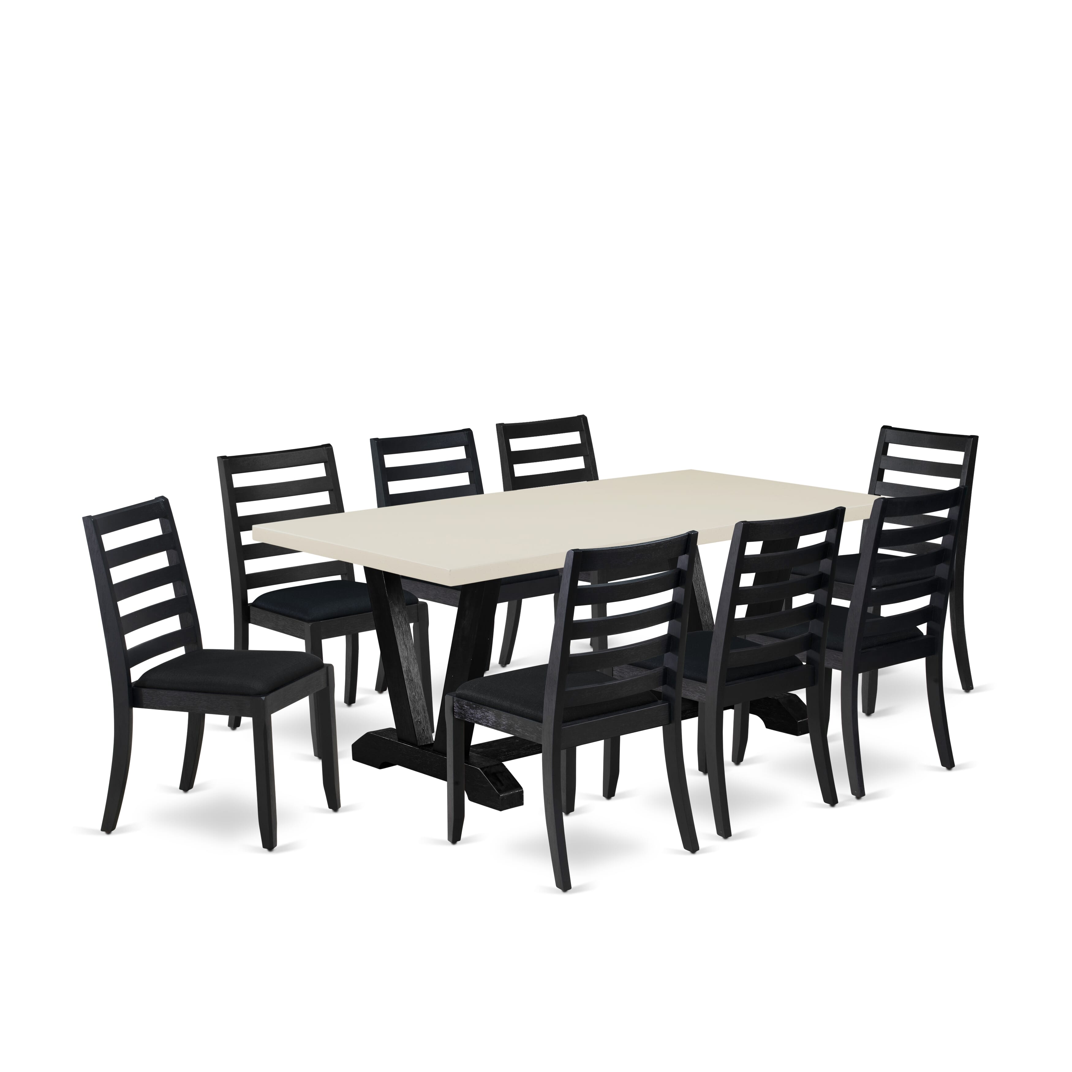 V627X1624-9 9-pc kitchen Set included a Rectangular table and 8 Black Linen Fabric stackable Chair, Wire Brushed Black Finish.