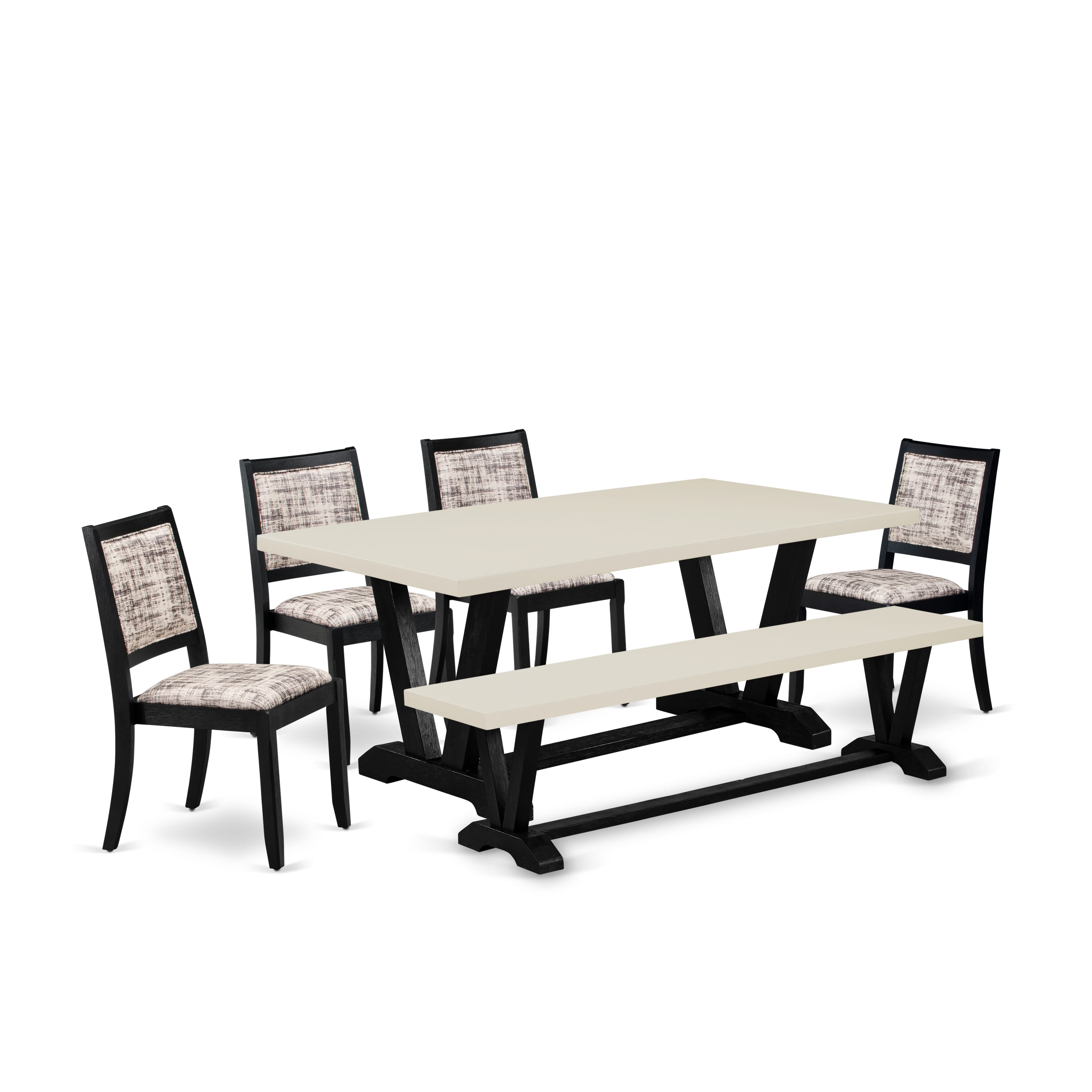 V627X2630-6 - 6-pc dining set - a table & a Bench & 4 stackable chairs with White & Gray Pattern Faux Leather Fabric - Wire-brushed Black