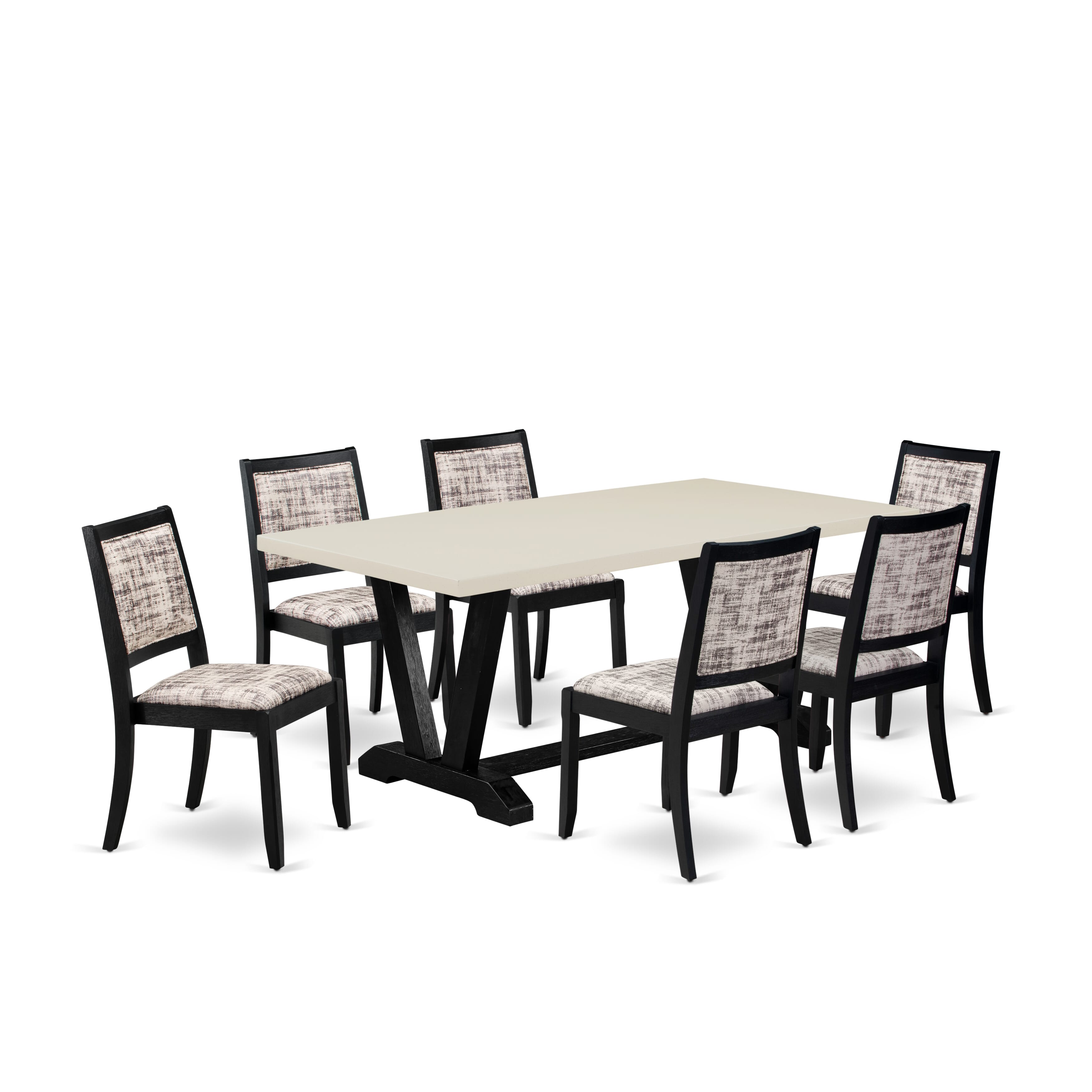 V627X2630-7 - 7-pc dining set - a dinner table & 6 stackable chairs with White & Gray Pattern Faux Leather Fabric - Wire-brushed Black