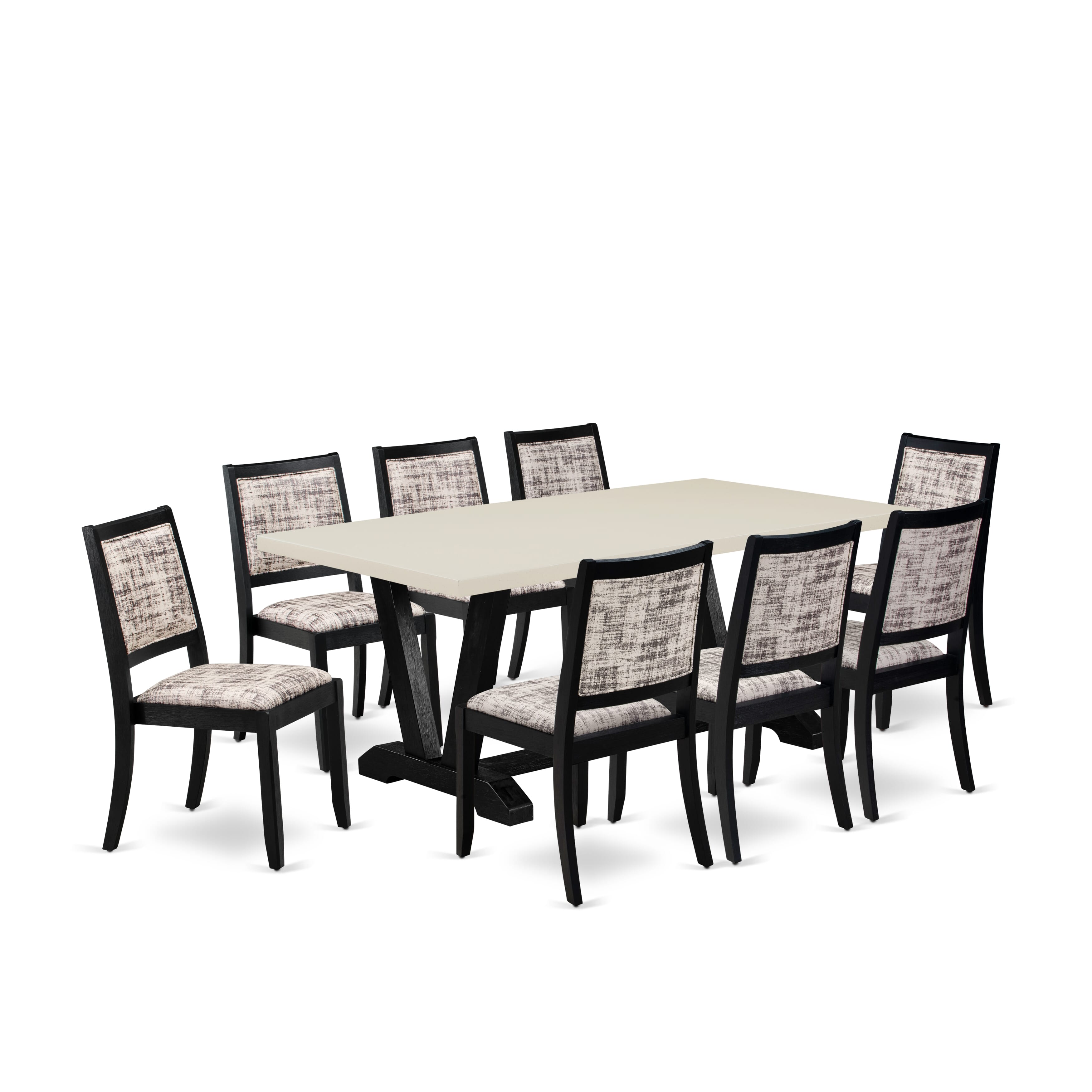 V627X2630-9 - 9-pc kitchen set - a kitchen table & 8 stackable chairs with White & Gray Pattern Faux Leather Fabric - Wire-brushed Black