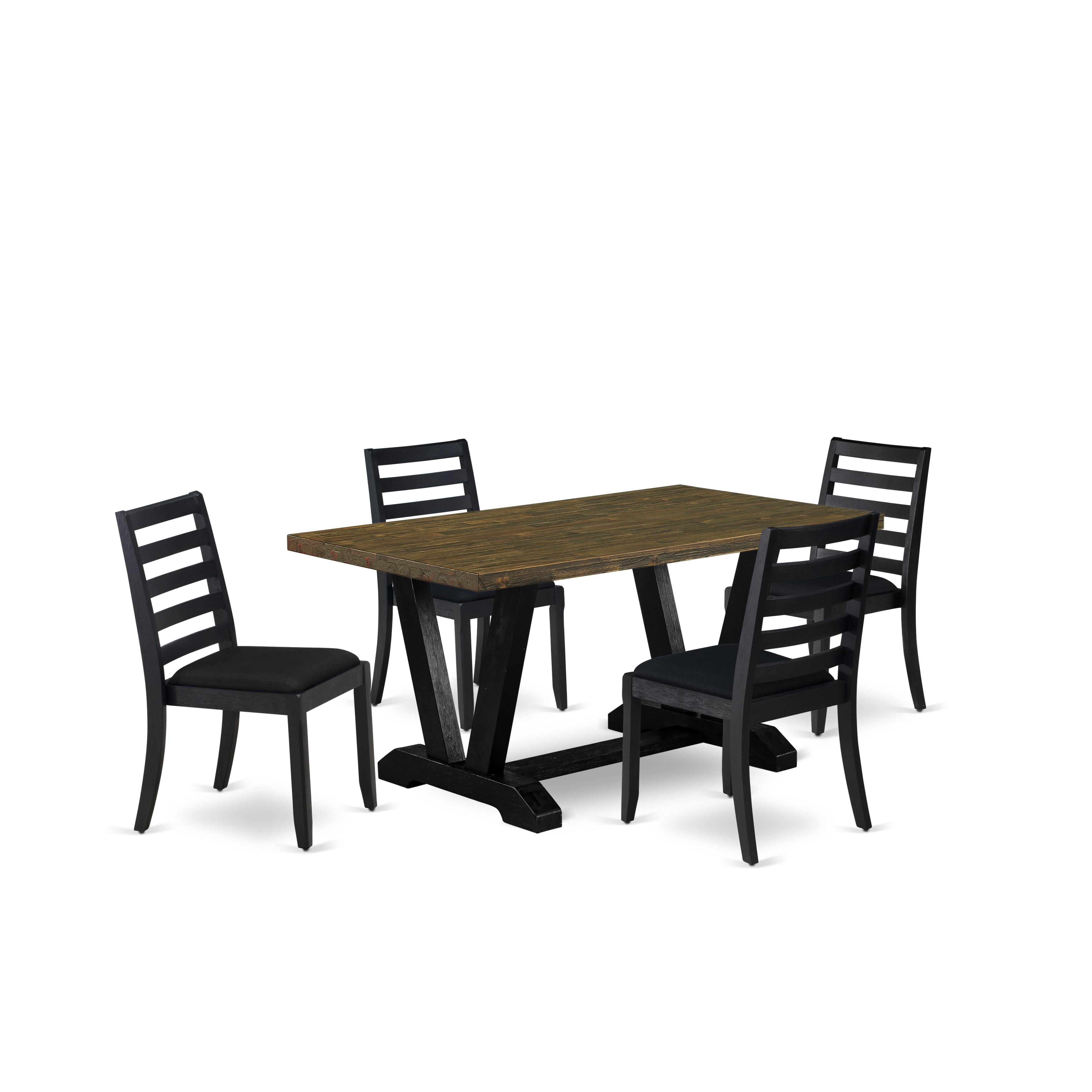V676X1624-5 - 5-pc dining table set - a breakfast table & 8 stackable dining chairs with Black Linen Fabric - Wire-brushed Black