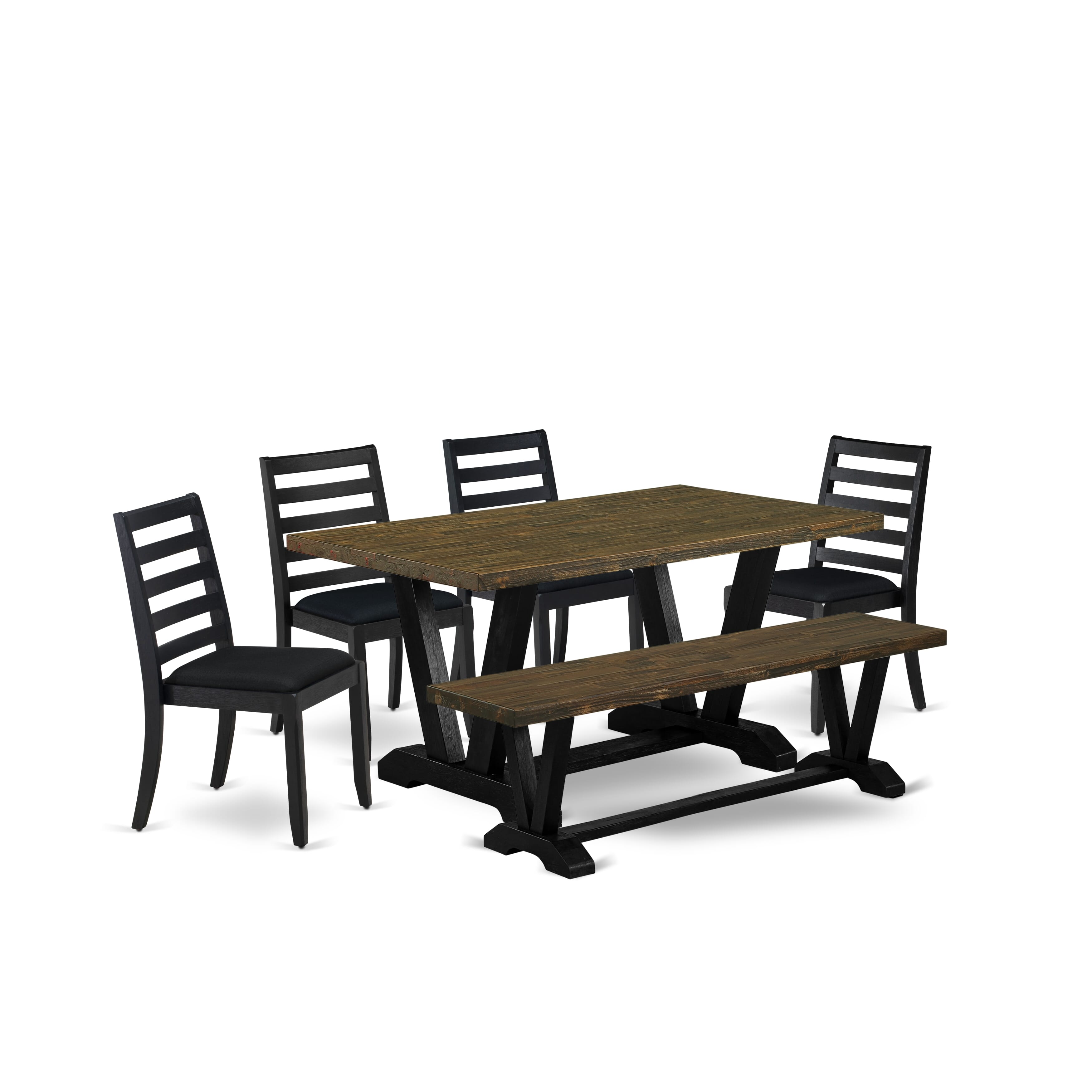 East West Furniture V676X1624-6 - Juego de comedor moderno de 6 piezas que consta de una mesa de cocina y un banco con tablero jacobino envejecido y 4 sillas apilables con tela de lino negro - Negro cepillado con alambre