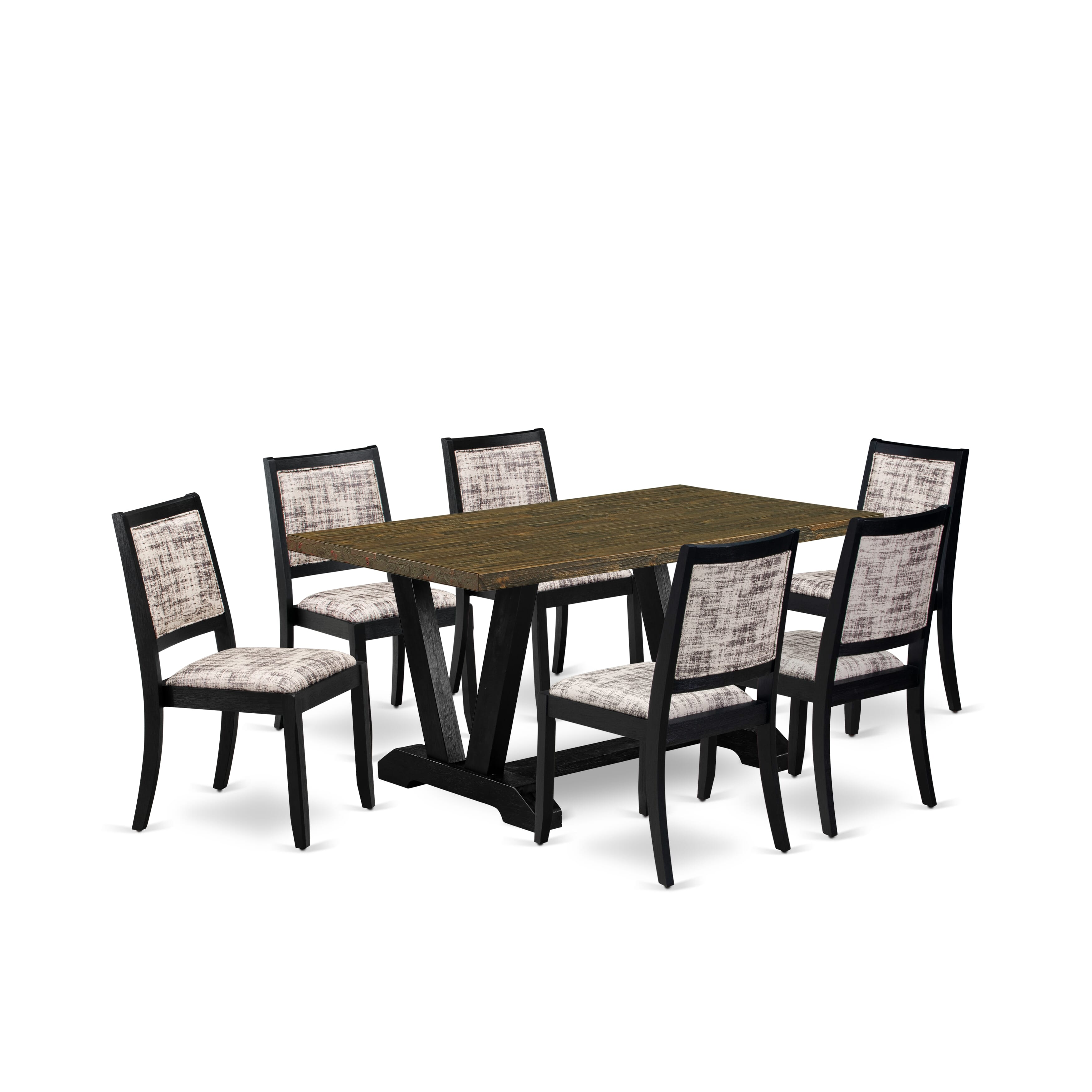 V676X2630-7 - 7-pc kitchen set - a dining table & 6 stackable chairs with White and Gray Pattern Faux Leather Fabric- Wire-brushed Black