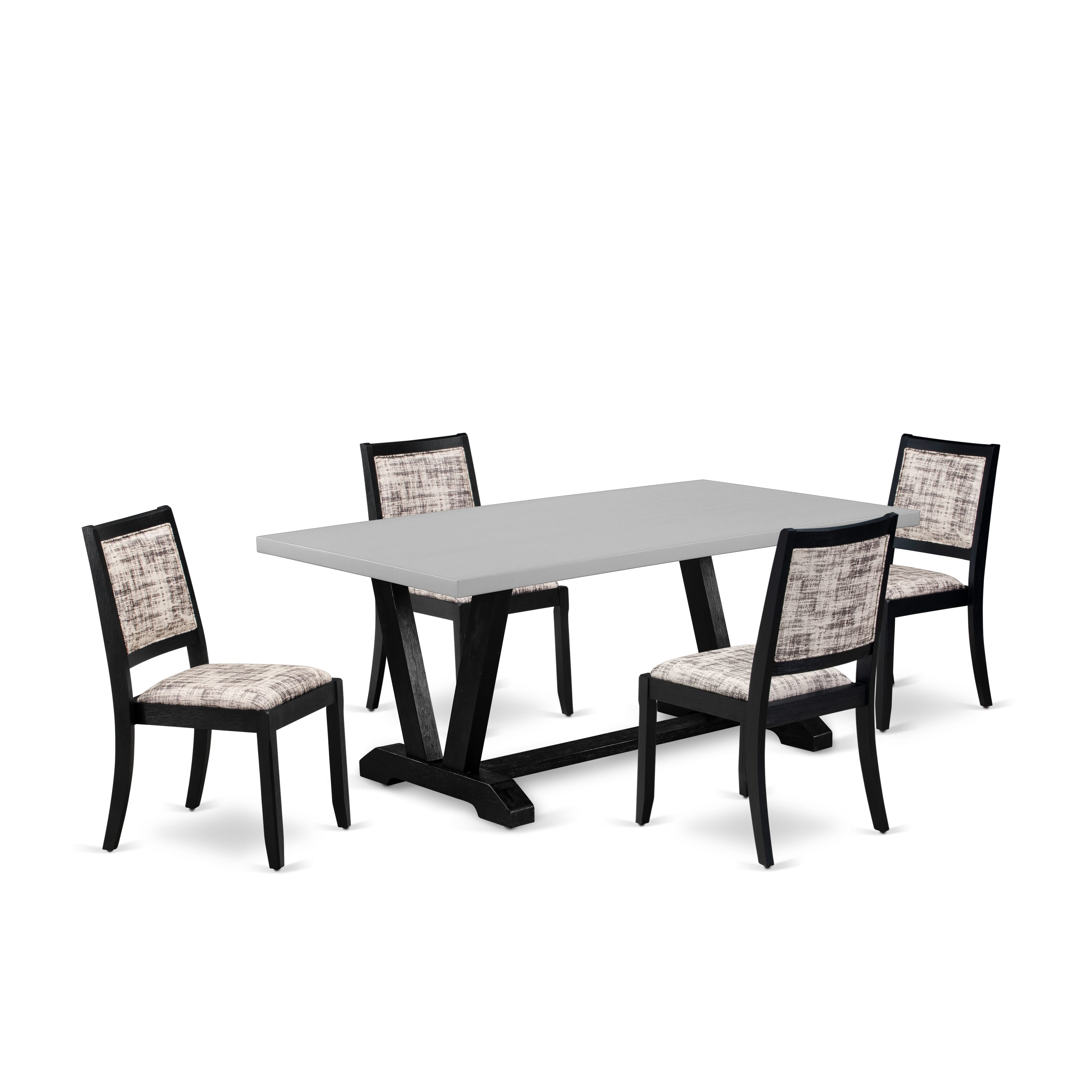 East West Furniture V697X2630-5 - Juego de mesa de cocina de 5 piezas compuesto por una mesa de comedor con tapa de cemento y 4 sillas de comedor apilables con cuero sintético con patrón blanco y gris - Negro cepillado con alambre