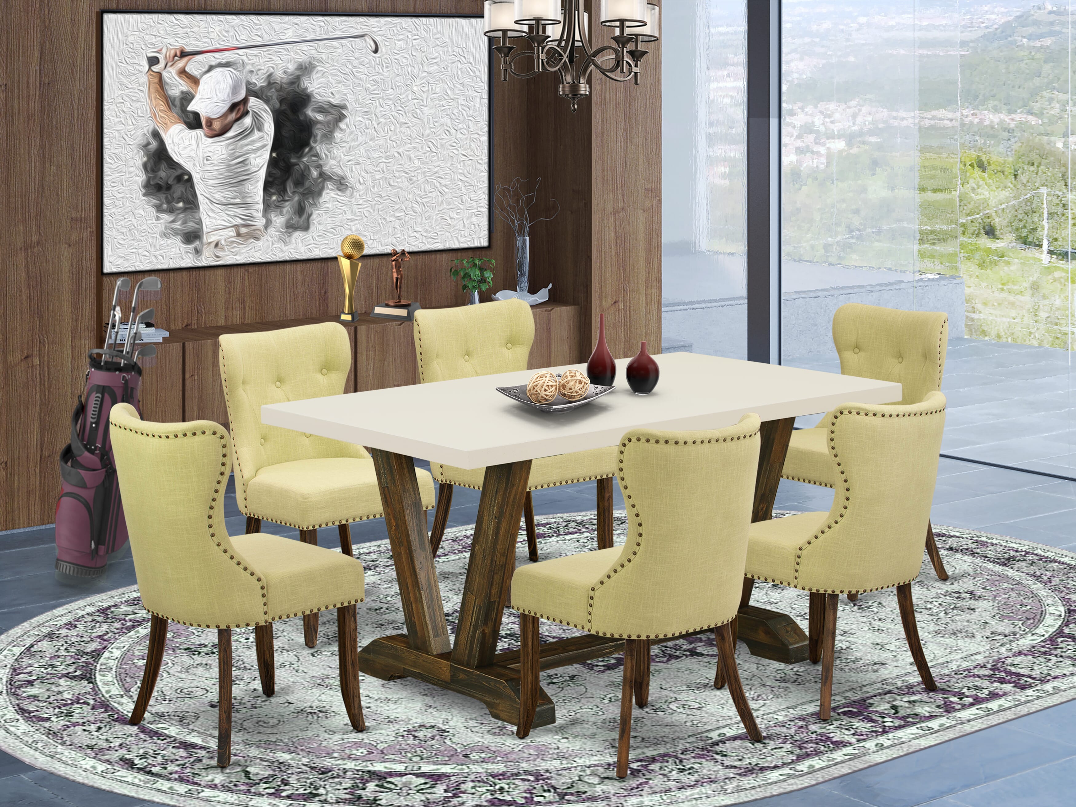 East West Furniture 7-Piece Kitchen Dining Set- 6 Parson Chairs with Limelight Linen Fabric Seat and Button Tufted Chair Back - Rectangular Table top & Wooden Legs - linen white and Distressed Jacobean Finish