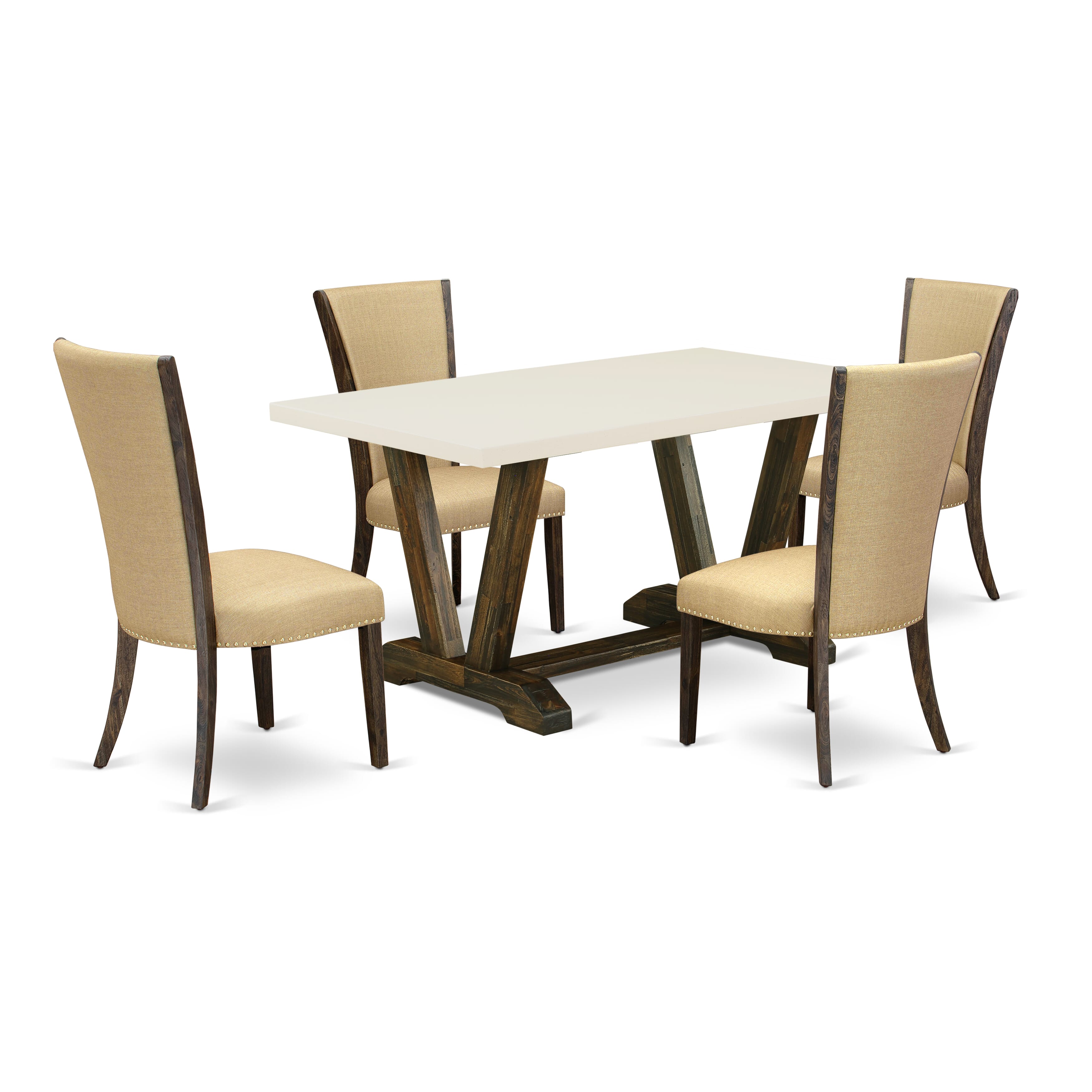 East West Furniture V726VE703-5 5Pc Dinette Set Contains a Kitchen Table and 4 Parsons Dining Chairs with Brown Color Linen Fabric, Medium Size Table with Full Back Chairs, Distressed Jacobean and Linen White Finish