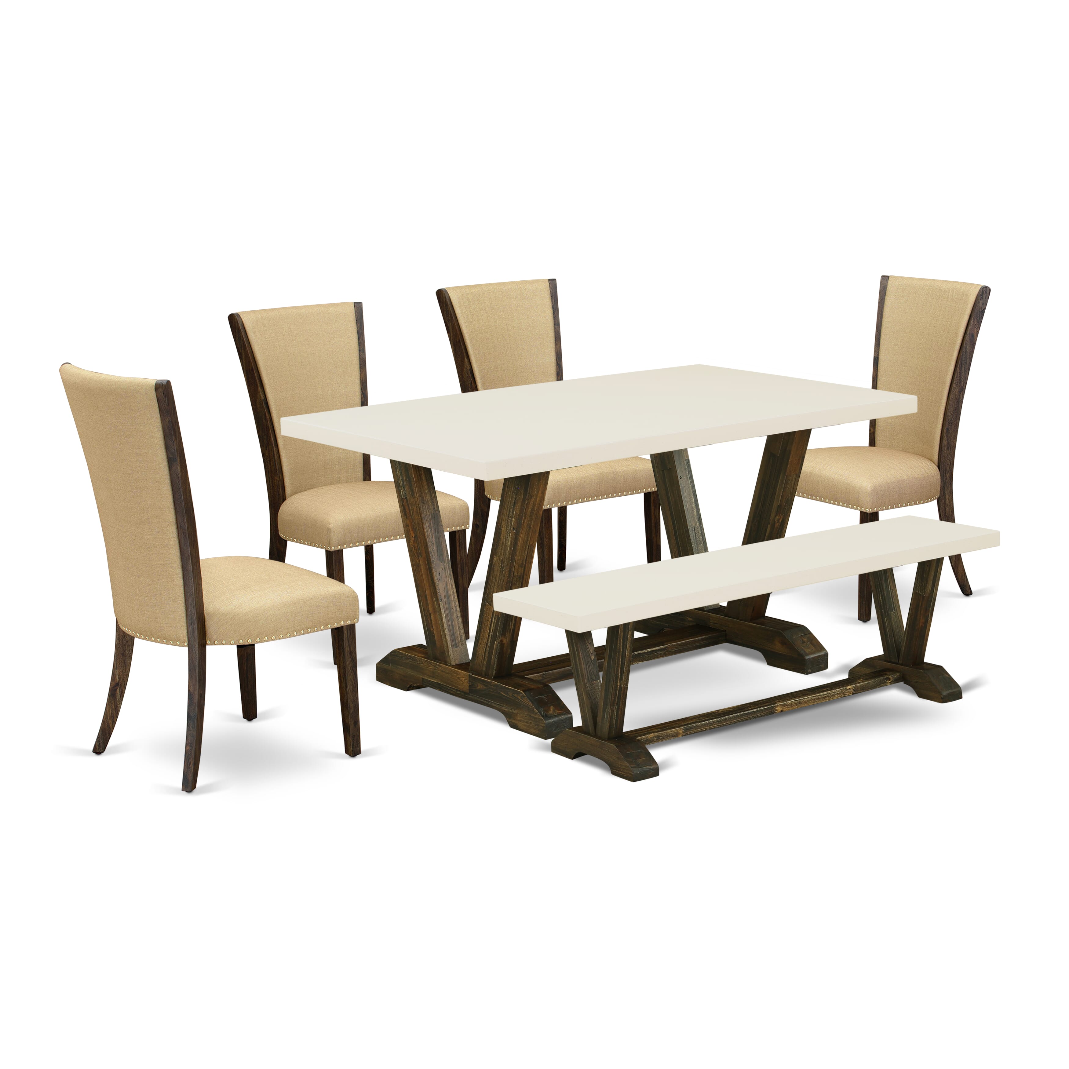 V726VE703-6 6 Piece Dining Room Table Set - 4 Brown Linen Fabric Dining Chair with Nailheads and linen white Wood Table - 1 Dining Bench - Distressed Jacobean Finish