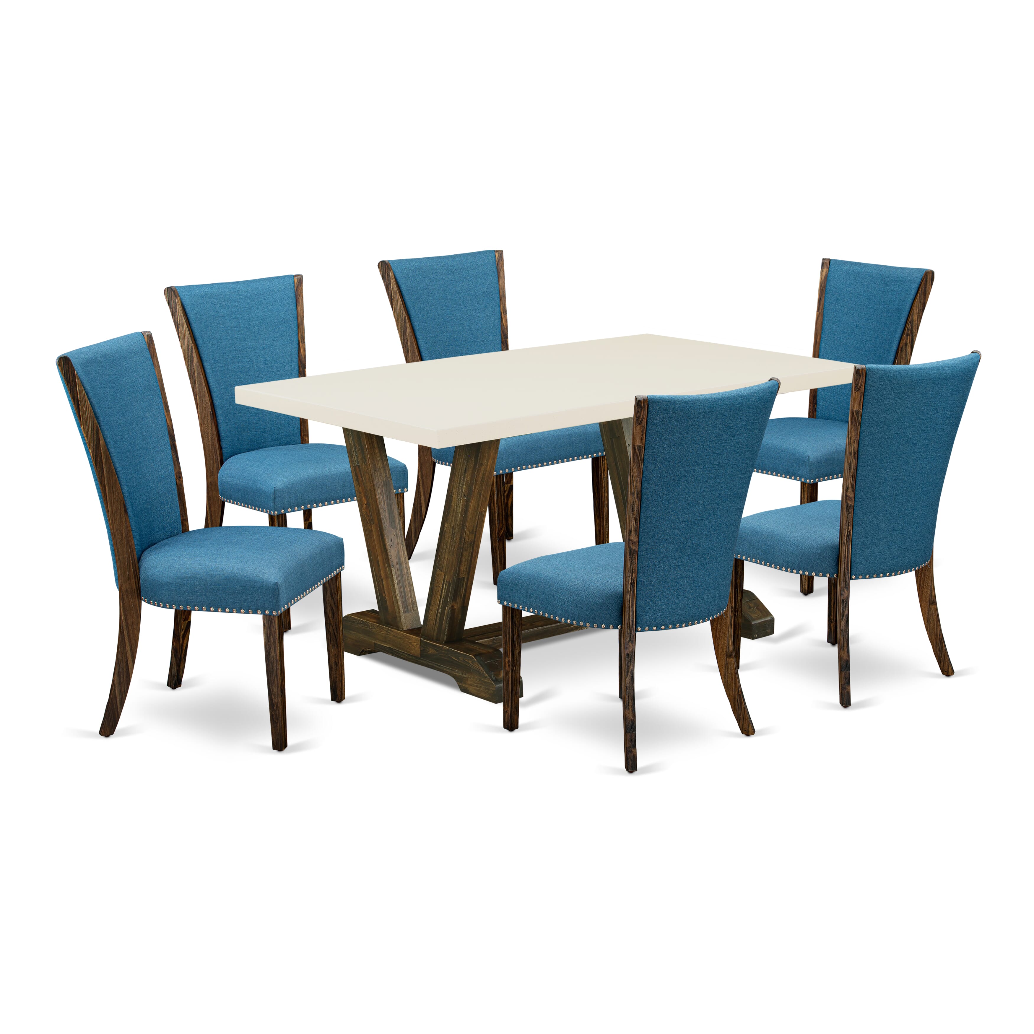 Juego de mesa de comedor moderna East West Furniture V726VE721-7 de 7 piezas compuesto por una mesa rectangular de madera con patas en V y 6 sillas de comedor Parsons de tela de lino azul.