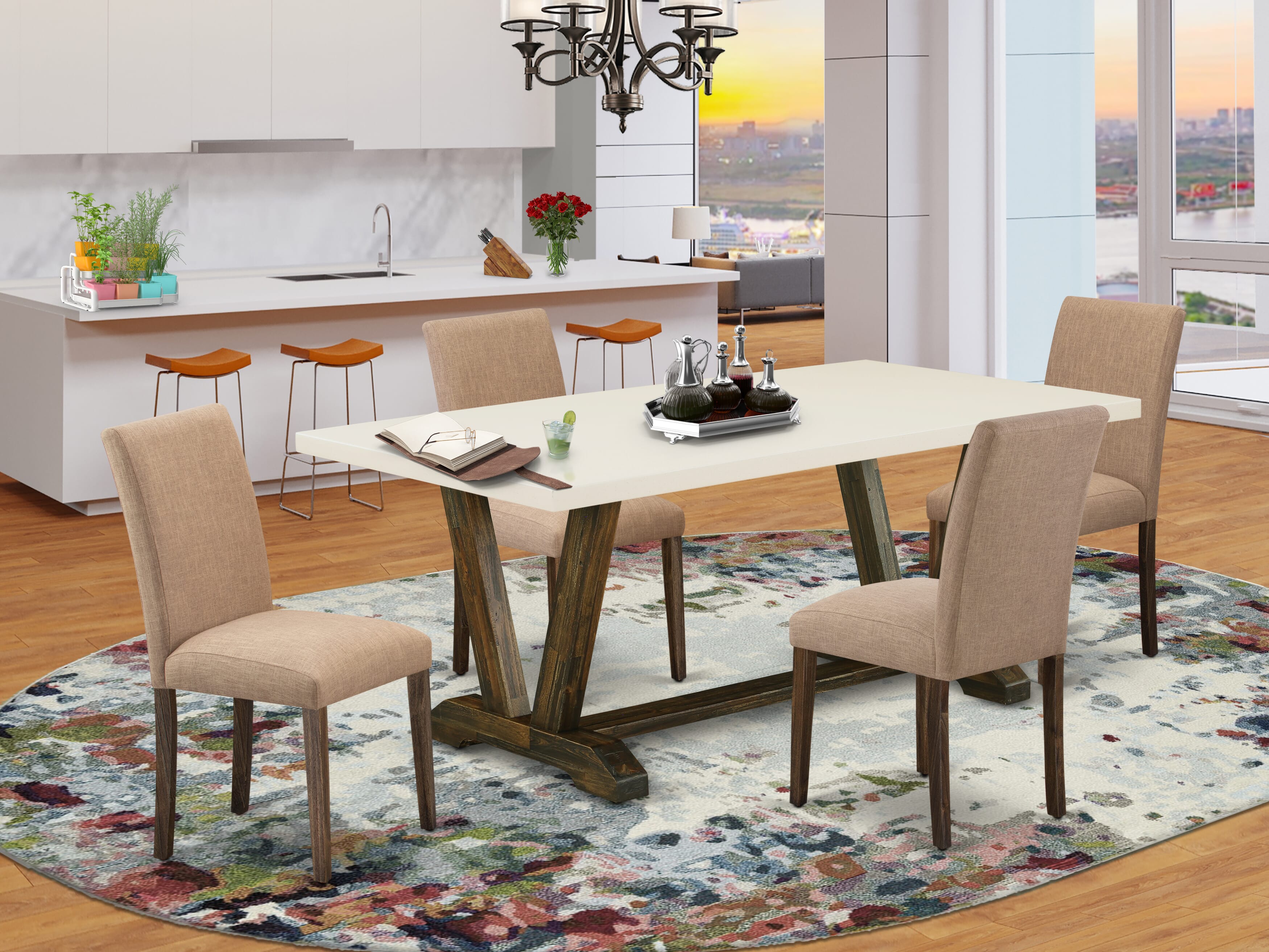 East West Furniture 5-Piece Dinette Set Includes 4 Modern Chairs with Upholstered Seat and High Back and a Rectangular Modern Dining Table - Distressed Jacobean Finish