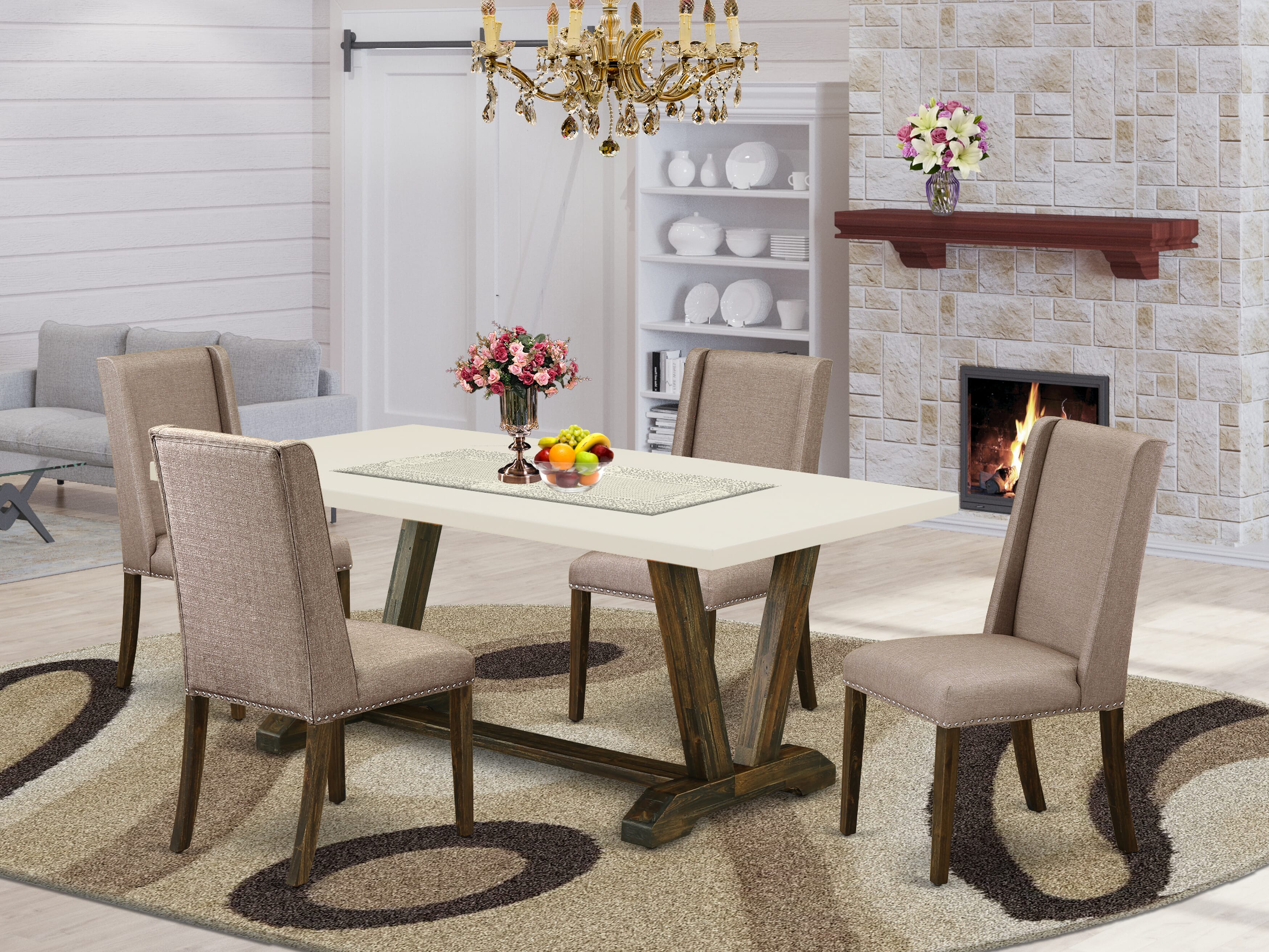 V727FL716-5 5-Pc Dining Table SetIncluded 4 Dining chairs Upholstered Seat and Stylish Chair Back and Rectangular Dinette Table with linen white Dinette Table top (Distressed Jacobean Finish)