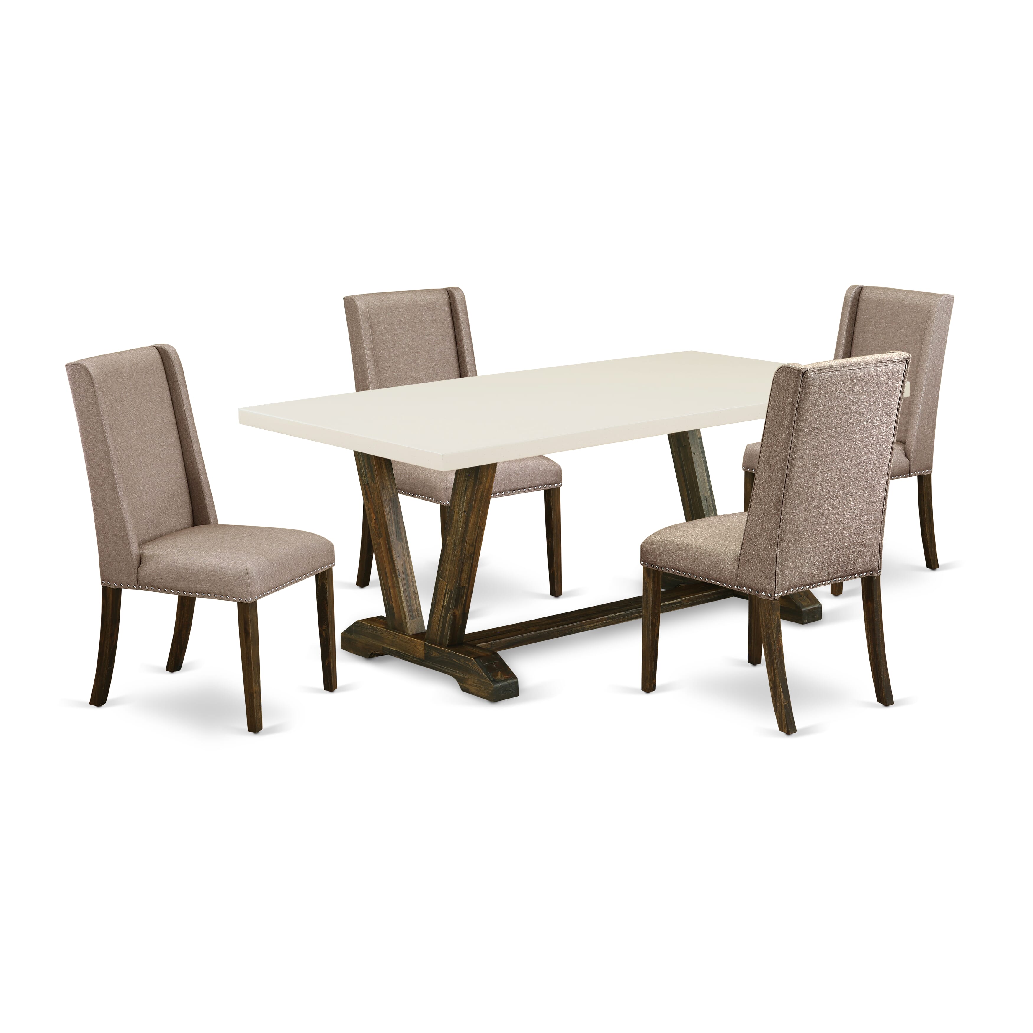 V727FL716-5 5-Pc Dining Table SetIncluded 4 Dining chairs Upholstered Seat and Stylish Chair Back and Rectangular Dinette Table with linen white Dinette Table top (Distressed Jacobean Finish)