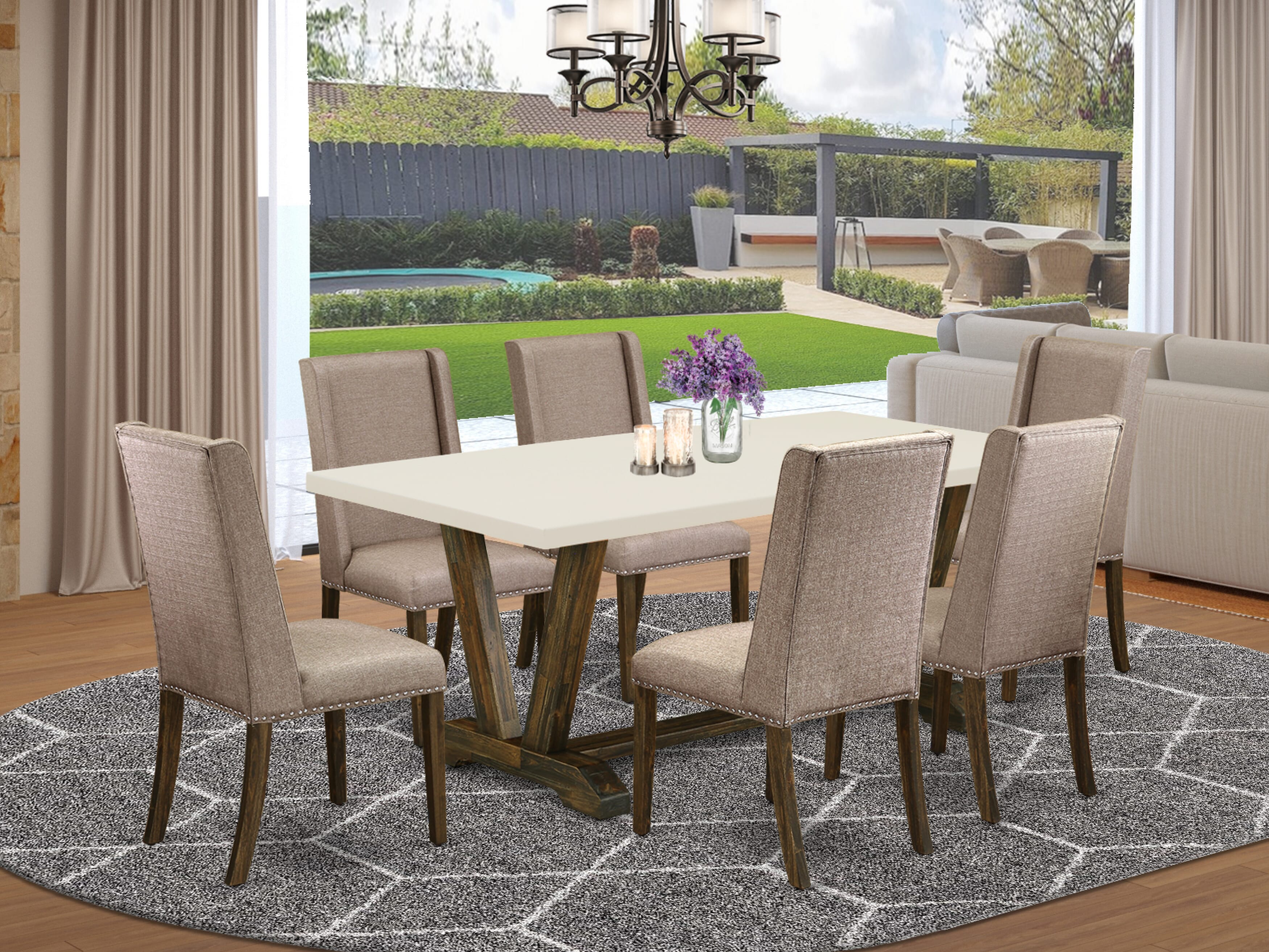 Juego de mesa de comedor East West Furniture V727FL716-7 de 7 piezas compuesto por una mesa de cocina rectangular con patas en V y 6 sillas de comedor Parson de tela de lino color caqui oscuro.
