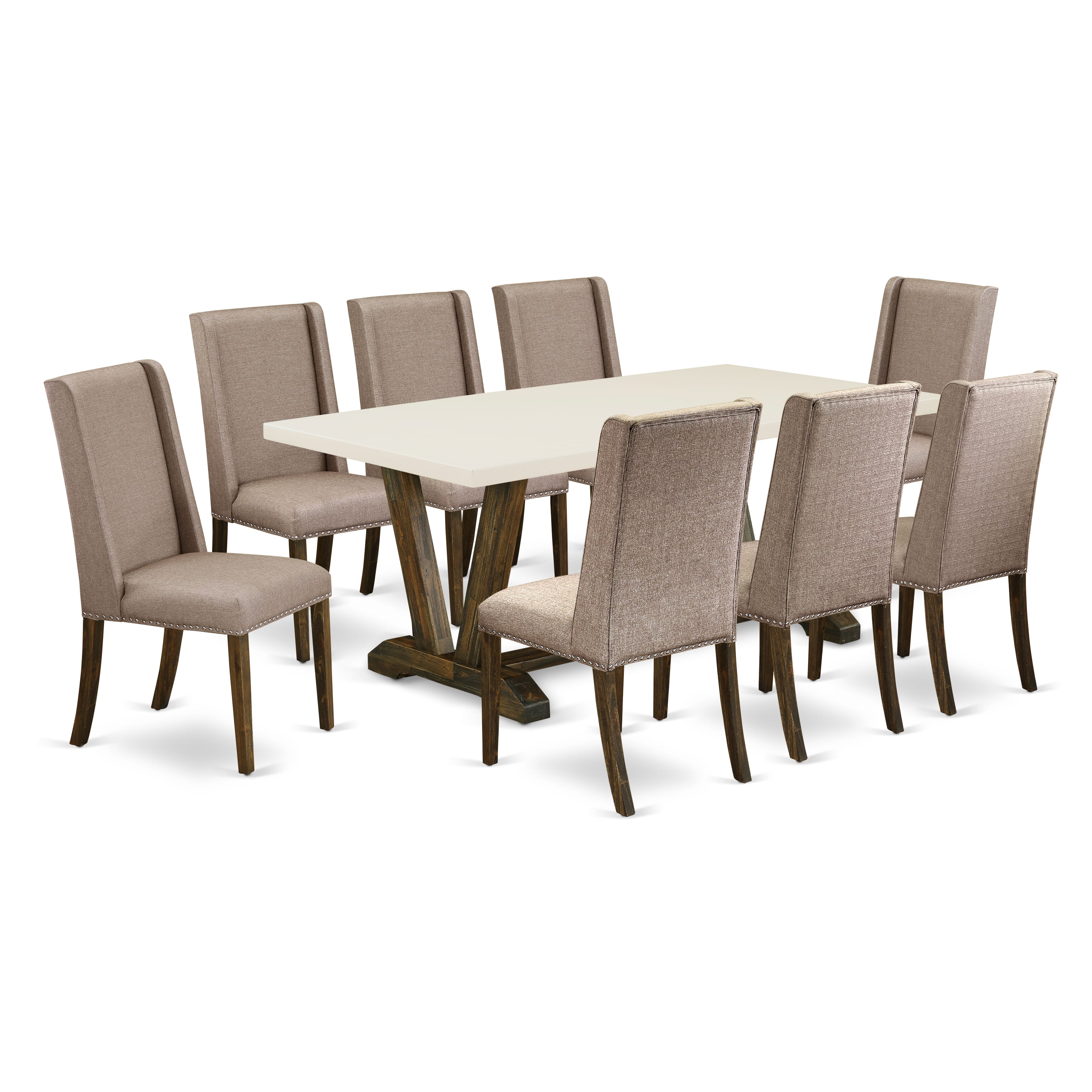 Juego de mesa de comedor moderna de 9 piezas East West Furniture V727FL716-9. Incluye una mesa rectangular de madera con patas en V y 8 sillas de comedor Parsons de tela de lino color caqui oscuro.