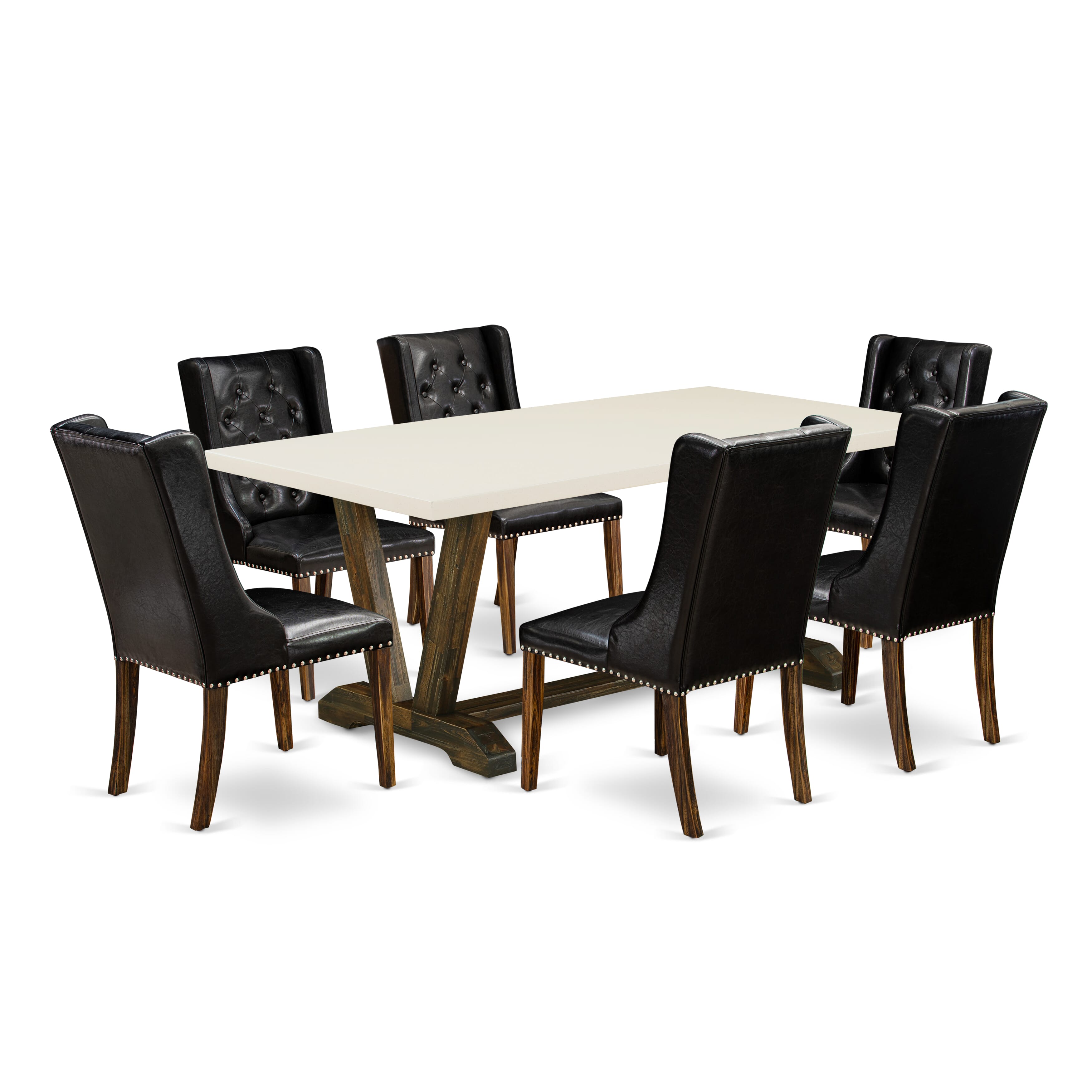 Juego de mesa de comedor de 7 piezas East West Furniture V727FO749-7 compuesto por una mesa de comedor rectangular con patas en V y 6 sillas Parsons de cuero sintético negro.