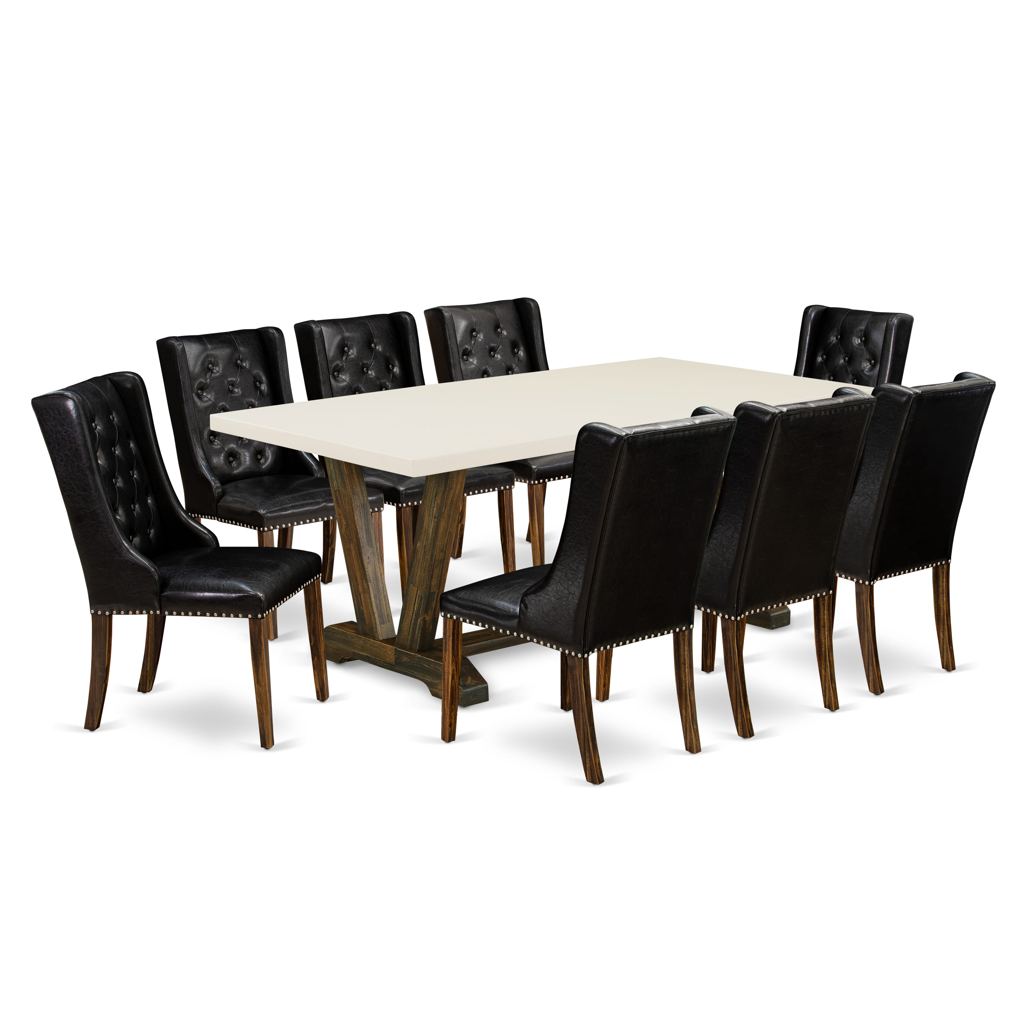 East West Furniture V727FO749-9 9-Piece Dining Room Set - 8 Black Pu faux Leather Parsons Chair Button Tufted with Nail heads and Dining Room Table - Distressed Jacobean Finish