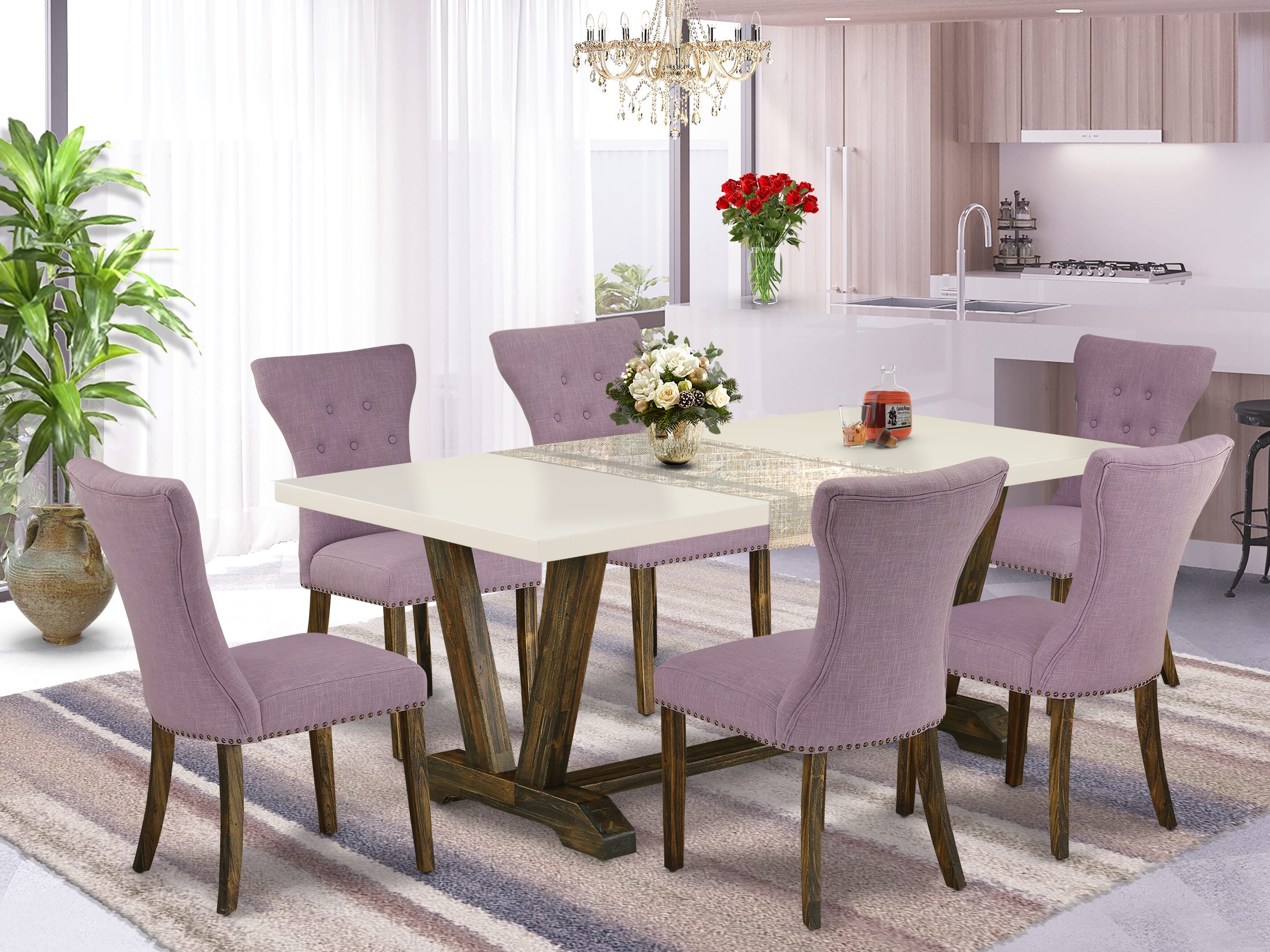 East West Furniture V727GA740-7 7-Pc Dining Table Set- 6 Parson Dining Chairs with Dahlia Linen Fabric Seat and Button Tufted Chair Back - Rectangular Table top & Wooden Legs - linen white and Distressed Jacobean Finish