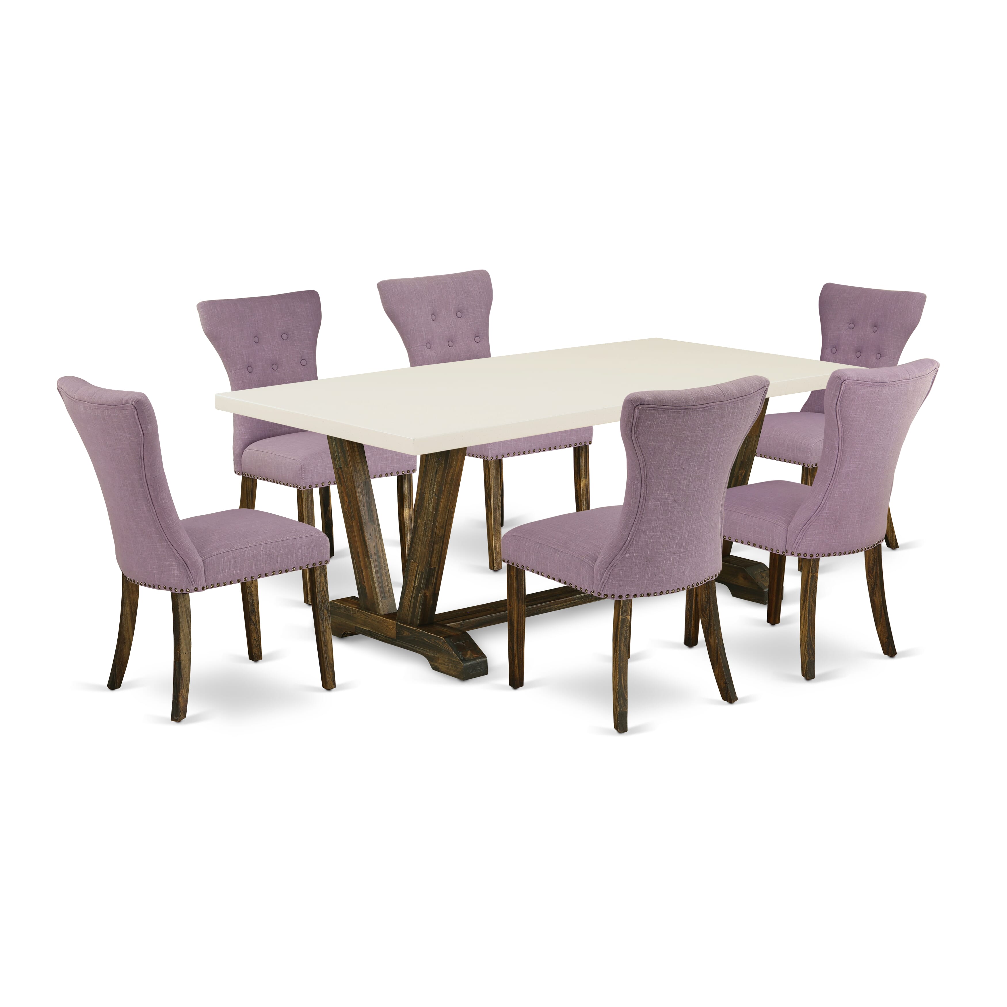East West Furniture V727GA740-7 7-Pc Dining Table Set- 6 Parson Dining Chairs with Dahlia Linen Fabric Seat and Button Tufted Chair Back - Rectangular Table top & Wooden Legs - linen white and Distressed Jacobean Finish