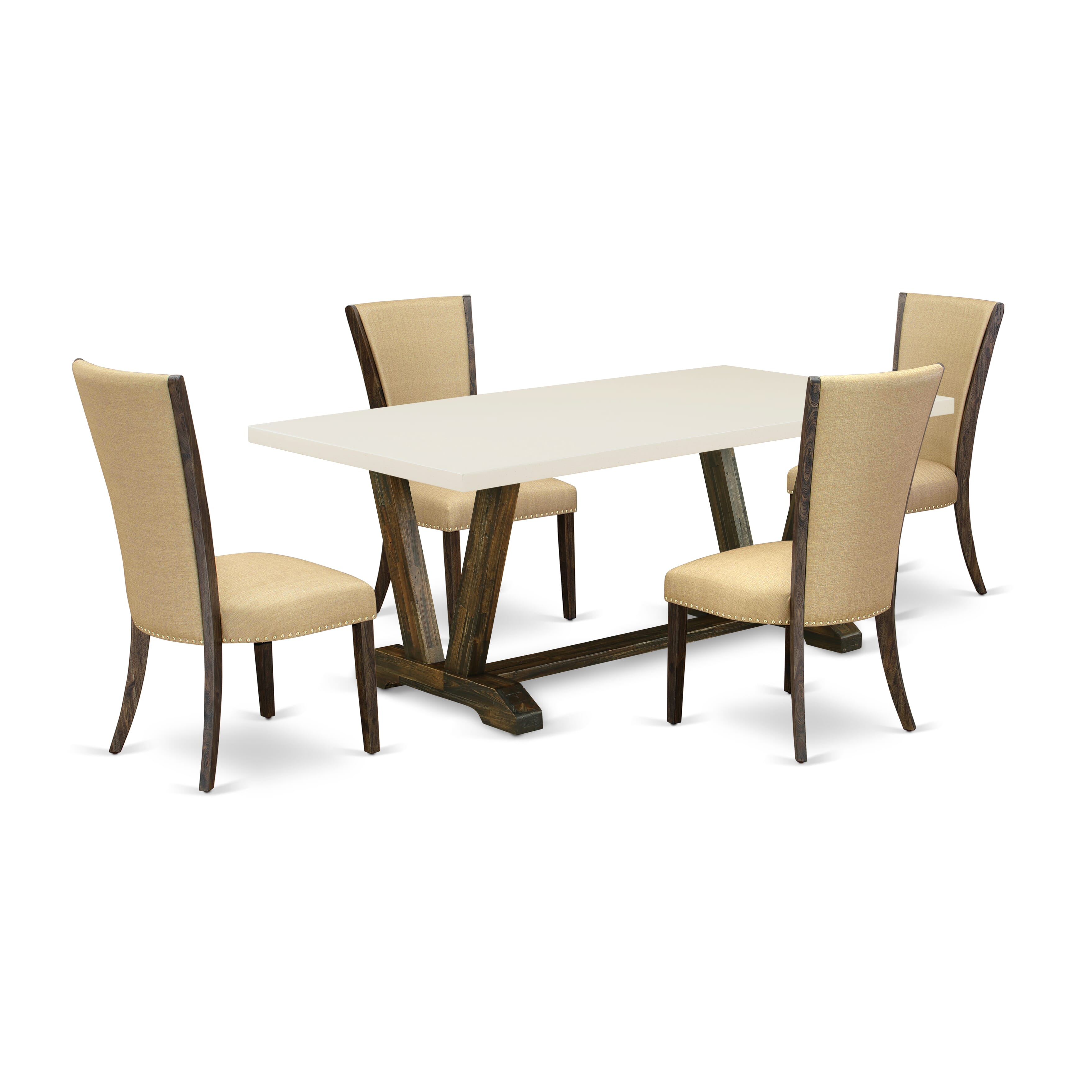 East West Furniture V727VE703-5 5Pc Kitchen Set Offers a Wood Dining Table and 4 Upholstered Dining Chairs with Brown Color Linen Fabric, Medium Size Table with Full Back Chairs, Distressed Jacobean and Linen White Finish