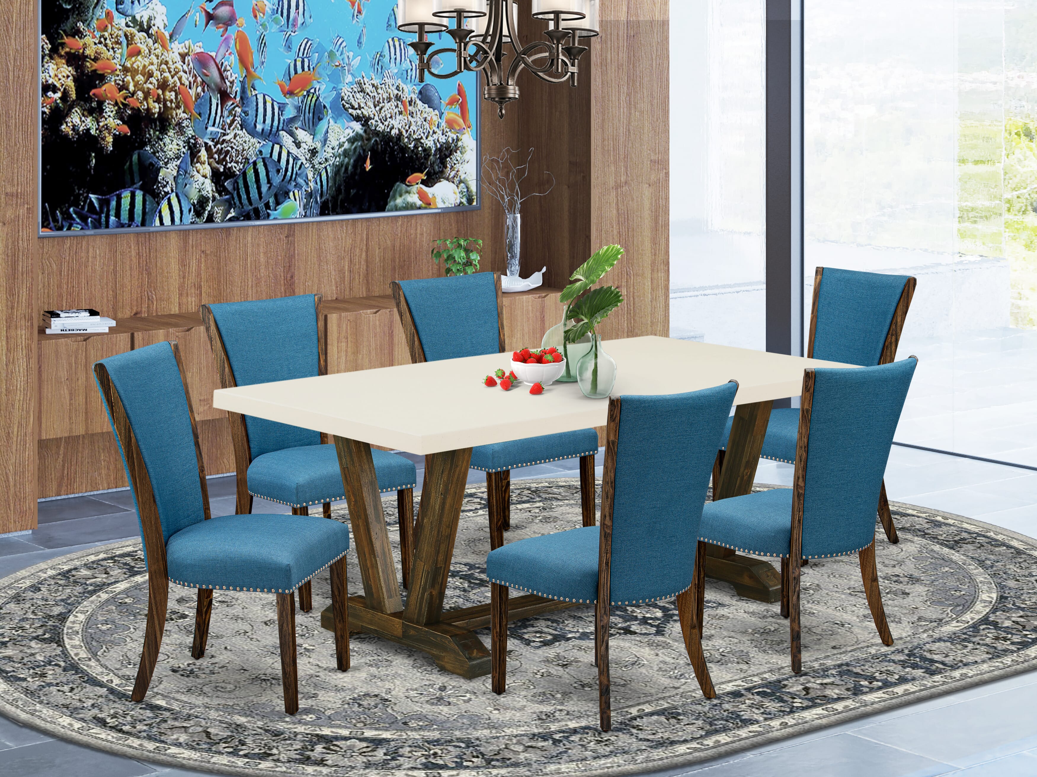 East West Furniture V727VE721-7 7Pc Dining Table set Consists of a Wood Table and 6 Parson Dining Chairs with Blue Color Linen Fabric, Distressed Jacobean and Linen White Finish